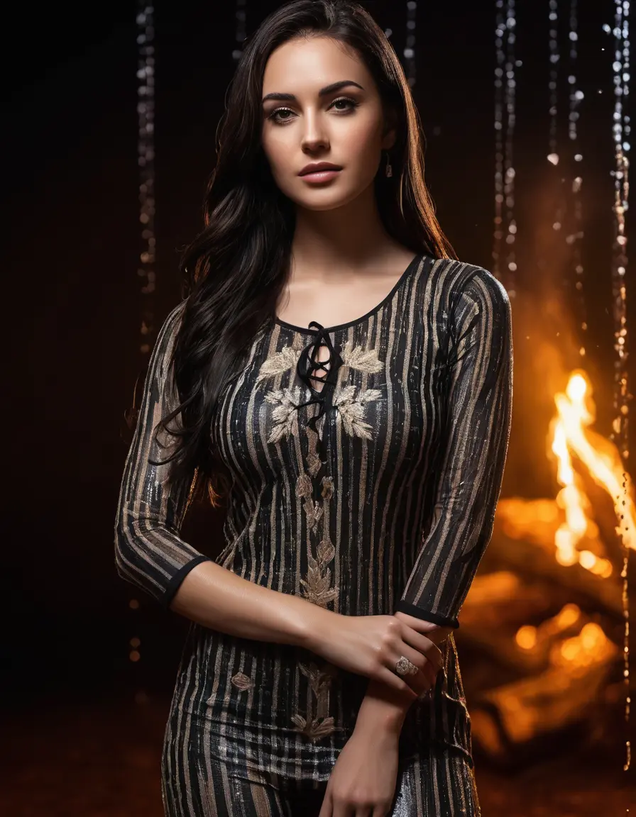 photo of young woman, in soaking wet, drenched clothes,
Very High heels, Jute Pants, Skin tight Cotton round neck  kurta with embroidery designs, half sleeve, transparent , ,Women in luxury strip club with ambient and mood lights,super close up, women seducing each other , 
enjoying, wet clothes stuck to body,
detailed textures of the wet clothes, wet face, wet plastered hair,
wet, drenched, professional, high-quality details, full body view.
sharp focus, ultra-high pixel detail, realistic, high-quality, full colors, incredibly detailed, 4k, 8k, 16k, hyper-realistic, RAW photo, masterpiece, ultra-detailed, professionally color graded, professional photograph,  Stylish Straight open hairstyle , fully dark  , black straight hair, campfire , huge thick ass, clevage , thin chain on neck, no hair part, wearing a simple wrist watch , jumping 
