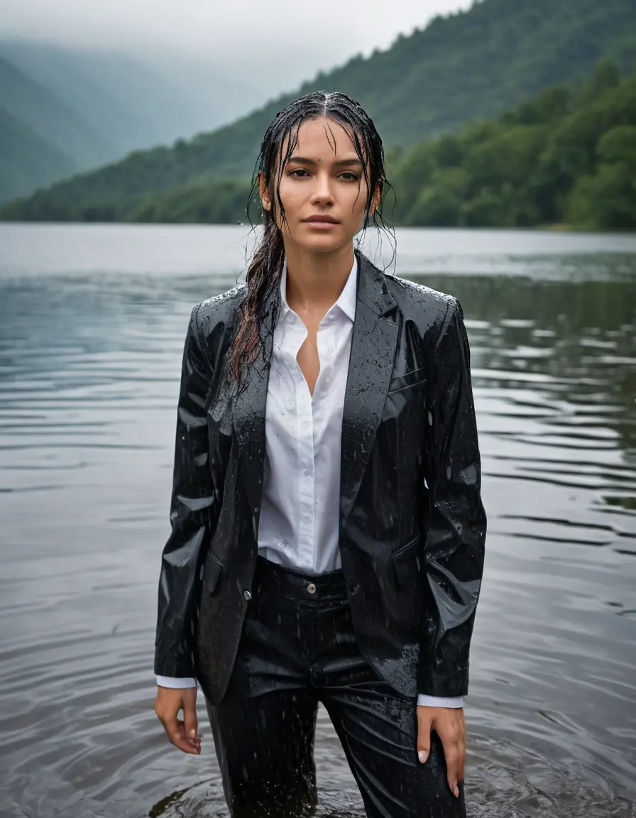 photo of young woman, in soaking wet, drenched clothes,
Black Business Trouser, Black Business Suit Jacket with white button down long sleeve business Shirt, Clear Mountain Lake with heavy rain, 
enjoying, wet clothes stuck to body,
detailed textures of the wet clothes, wet face, wet plastered hair,
wet, drenched, professional, high-quality details, full body view.
sharp focus, ultra-high pixel detail, realistic, high-quality, full colors, incredibly detailed, 4k, 8k, 16k, hyper-realistic, RAW photo, masterpiece, ultra-detailed, professionally color graded, professional photograph, completely soaked, fully drenched, completely wet, wetlook, heavy rain, side parting, open hair, long hair, rain storm
