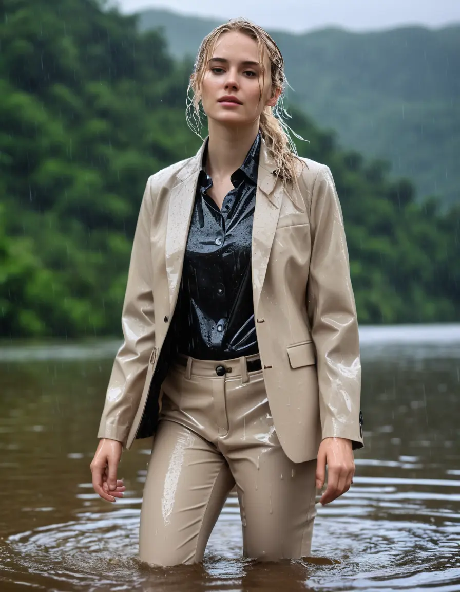 photo of young woman, in soaking wet, drenched clothes,
Beige Business Trouser, Beige Business Suit Jacket with Black button down long sleeve business Shirt, Clear Mountain Lake with heavy rain, 
enjoying, wet clothes stuck to body,
detailed textures of the wet clothes, wet face, wet plastered hair,
wet, drenched, professional, high-quality details, full body view.
sharp focus, ultra-high pixel detail, realistic, high-quality, full colors, incredibly detailed, 4k, 8k, 16k, hyper-realistic, RAW photo, masterpiece, ultra-detailed, professionally color graded, professional photograph, white blonde haired woman age 20,completely soaked, fully drenched, completely wet, wetlook, heavy rain, side parting, open hair, long hair, rain storm