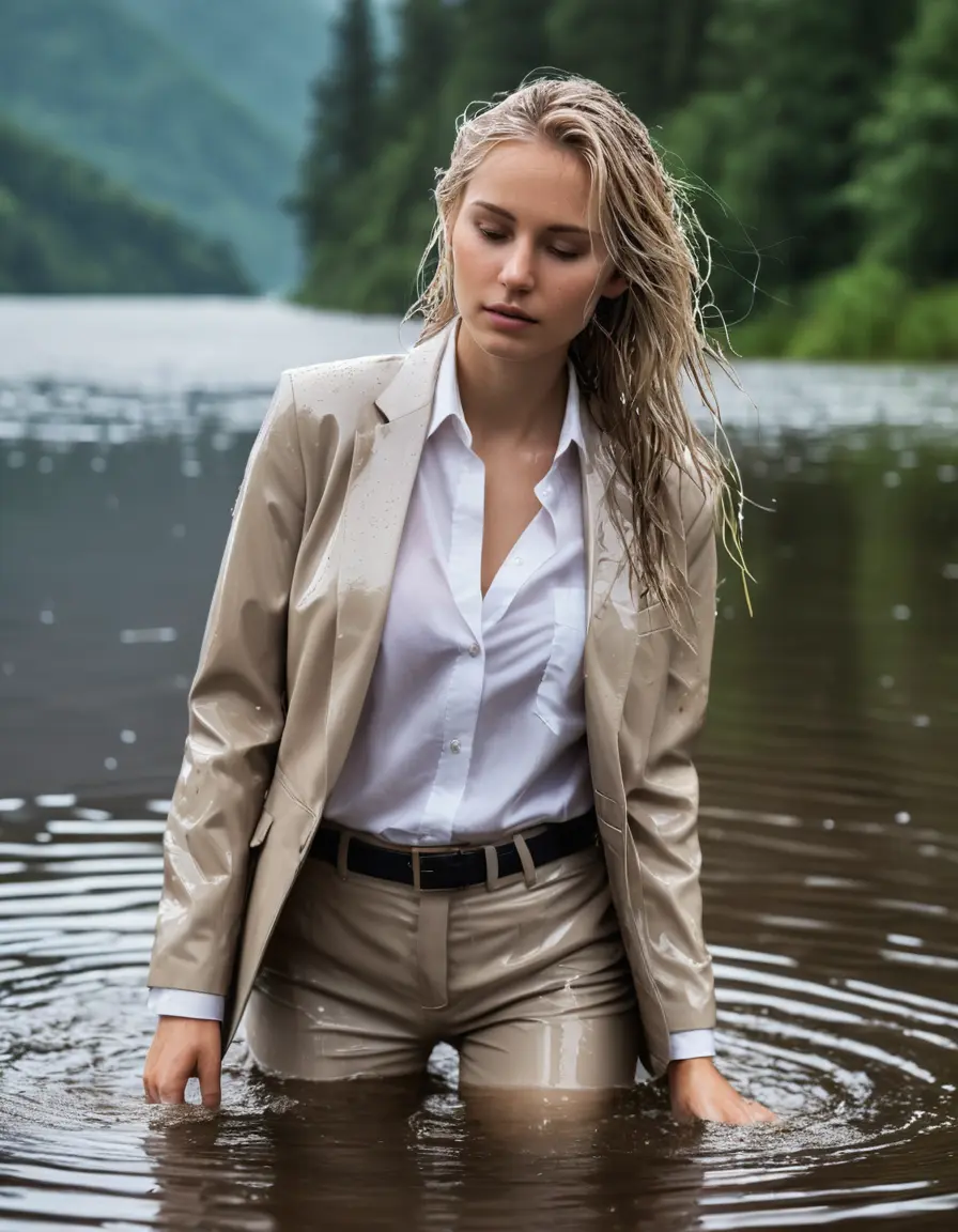 photo of young woman, in soaking wet, drenched clothes,
Beige Business Trouser, Beige Business Suit Jacket with white button down long sleeve business Shirt, Clear Mountain Lake with heavy rain, 
enjoying, wet clothes stuck to body,
detailed textures of the wet clothes, wet face, wet plastered hair,
wet, drenched, professional, high-quality details, full body view.
sharp focus, ultra-high pixel detail, realistic, high-quality, full colors, incredibly detailed, 4k, 8k, 16k, hyper-realistic, RAW photo, masterpiece, ultra-detailed, professionally color graded, professional photograph, white blonde haired woman age 20,completely soaked, fully drenched, completely wet, wetlook, heavy rain, side parting, open hair, long hair, rain storm