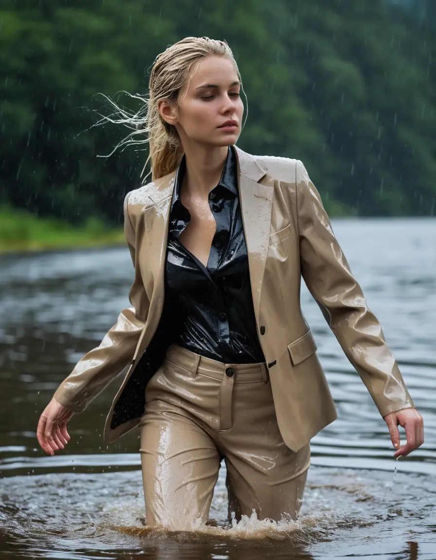 photo of young woman, in soaking wet, drenched clothes,
Beige Business Trouser, Beige Business Suit Jacket with Black button down long sleeve business Shirt, Clear Mountain Lake with heavy rain, 
enjoying, wet clothes stuck to body,
detailed textures of the wet clothes, wet face, wet plastered hair,
wet, drenched, professional, high-quality details, full body view.
sharp focus, ultra-high pixel detail, realistic, high-quality, full colors, incredibly detailed, 4k, 8k, 16k, hyper-realistic, RAW photo, masterpiece, ultra-detailed, professionally color graded, professional photograph, white blonde haired woman age 20,completely soaked, fully drenched, completely wet, wetlook, heavy rain, side parting, open hair, long hair, rain storm