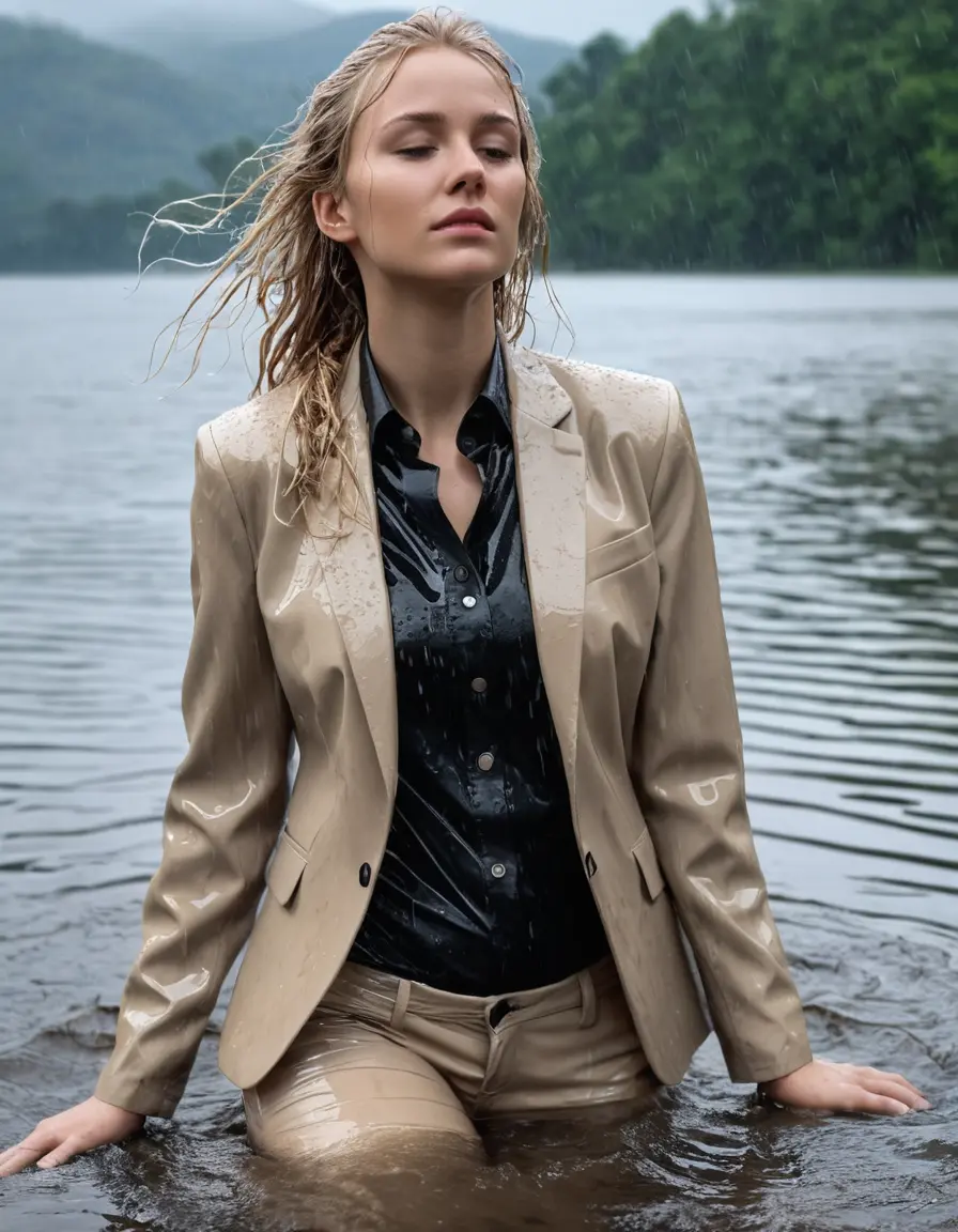 photo of young woman, in soaking wet, drenched clothes,
Beige Business Trouser, Beige Business Suit Jacket with Black button down long sleeve business Shirt, Clear Mountain Lake with heavy rain, 
enjoying, wet clothes stuck to body,
detailed textures of the wet clothes, wet face, wet plastered hair,
wet, drenched, professional, high-quality details, full body view.
sharp focus, ultra-high pixel detail, realistic, high-quality, full colors, incredibly detailed, 4k, 8k, 16k, hyper-realistic, RAW photo, masterpiece, ultra-detailed, professionally color graded, professional photograph, white blonde haired woman age 20,completely soaked, fully drenched, completely wet, wetlook, heavy rain, side parting, open hair, long hair, rain storm