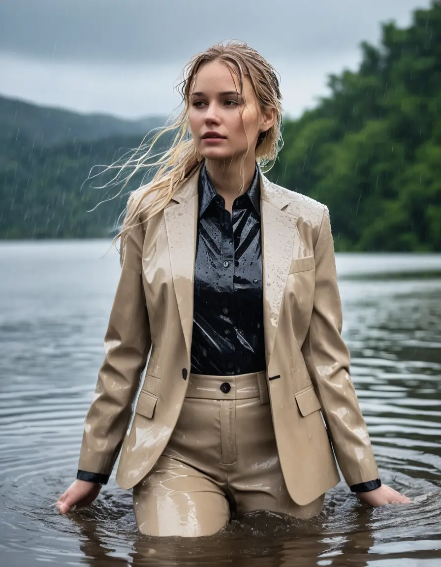 photo of young woman, in soaking wet, drenched clothes,
Beige Business Trouser, Beige Business Suit Jacket with Black button down long sleeve business Shirt, Clear Mountain Lake with heavy rain, 
enjoying, wet clothes stuck to body,
detailed textures of the wet clothes, wet face, wet plastered hair,
wet, drenched, professional, high-quality details, full body view.
sharp focus, ultra-high pixel detail, realistic, high-quality, full colors, incredibly detailed, 4k, 8k, 16k, hyper-realistic, RAW photo, masterpiece, ultra-detailed, professionally color graded, professional photograph, white blonde haired woman age 20,completely soaked, fully drenched, completely wet, wetlook, heavy rain, side parting, open hair, long hair, rain storm