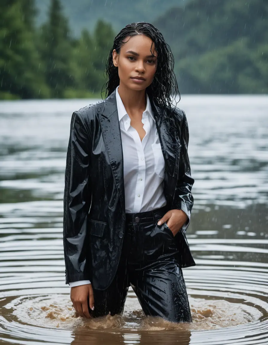 photo of young woman, in soaking wet, drenched clothes,
Black Business Trouser, Black Business Suit Jacket with white button down long sleeve business Shirt, Clear Mountain Lake with heavy rain, 
enjoying, wet clothes stuck to body,
detailed textures of the wet clothes, wet face, wet plastered hair,
wet, drenched, professional, high-quality details, full body view.
sharp focus, ultra-high pixel detail, realistic, high-quality, full colors, incredibly detailed, 4k, 8k, 16k, hyper-realistic, RAW photo, masterpiece, ultra-detailed, professionally color graded, professional photograph, Thandiwe Newton, completely soaked, fully drenched, completely wet, wetlook, heavy rain, side parting, open hair, long hair, rain storm
