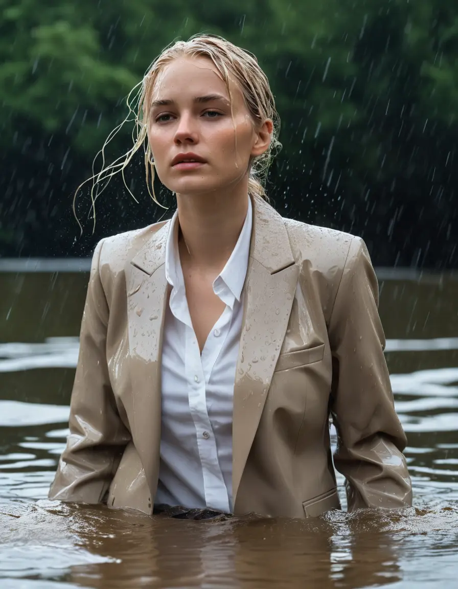photo of young woman, in soaking wet, drenched clothes,
Beige Business Trouser, Beige Business Suit Jacket with white button down long sleeve business Shirt, Clear Mountain Lake with heavy rain, 
enjoying, wet clothes stuck to body,
detailed textures of the wet clothes, wet face, wet plastered hair,
wet, drenched, professional, high-quality details, full body view.
sharp focus, ultra-high pixel detail, realistic, high-quality, full colors, incredibly detailed, 4k, 8k, 16k, hyper-realistic, RAW photo, masterpiece, ultra-detailed, professionally color graded, professional photograph, white blonde haired woman age 20,completely soaked, fully drenched, completely wet, wetlook, heavy rain, side parting, open hair, long hair, rain storm