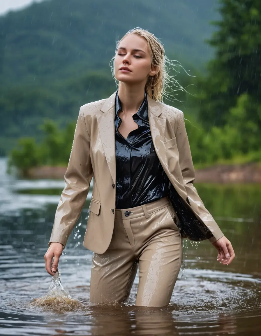photo of young woman, in soaking wet, drenched clothes,
Beige Business Trouser, Beige Business Suit Jacket with Black button down long sleeve business Shirt, Clear Mountain Lake with heavy rain, 
enjoying, wet clothes stuck to body,
detailed textures of the wet clothes, wet face, wet plastered hair,
wet, drenched, professional, high-quality details, full body view.
sharp focus, ultra-high pixel detail, realistic, high-quality, full colors, incredibly detailed, 4k, 8k, 16k, hyper-realistic, RAW photo, masterpiece, ultra-detailed, professionally color graded, professional photograph, white blonde haired woman age 20,completely soaked, fully drenched, completely wet, wetlook, heavy rain, side parting, open hair, long hair, rain storm