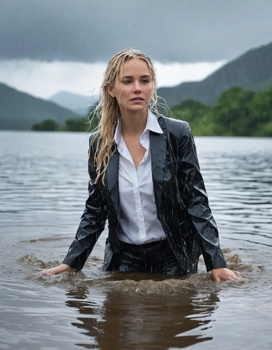 photo of young woman, in soaking wet, drenched clothes,
Black Business Trouser, Black Business Suit Jacket with white button down long sleeve business Shirt, Clear Mountain Lake with heavy rain, 
enjoying, wet clothes stuck to body,
detailed textures of the wet clothes, wet face, wet plastered hair,
wet, drenched, professional, high-quality details, full body view.
sharp focus, ultra-high pixel detail, realistic, high-quality, full colors, incredibly detailed, 4k, 8k, 16k, hyper-realistic, RAW photo, masterpiece, ultra-detailed, professionally color graded, professional photograph, white blonde haired woman age 20,completely soaked, fully drenched, completely wet, wetlook, heavy rain, side parting, open hair, long hair, rain storm