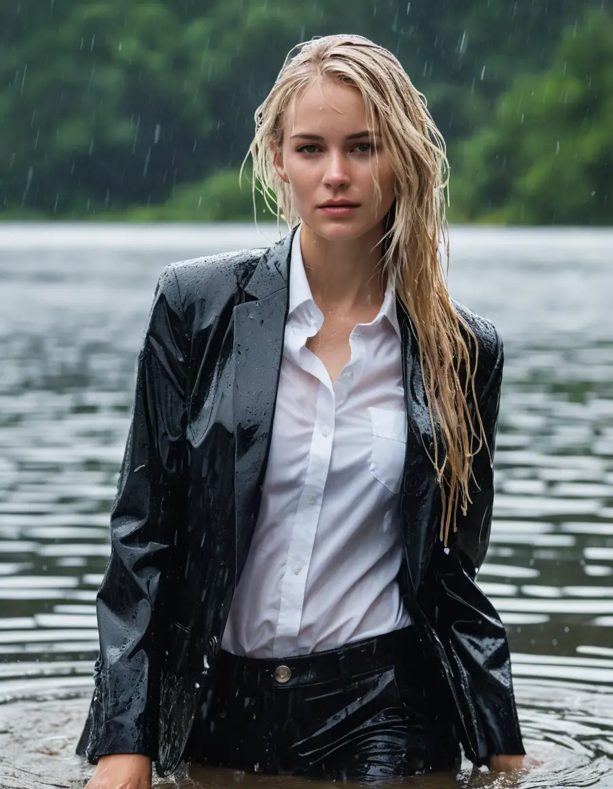 photo of young woman, in soaking wet, drenched clothes,
Black Business Trouser, Black Business Suit Jacket with white button down long sleeve business Shirt, Clear Mountain Lake with heavy rain, 
enjoying, wet clothes stuck to body,
detailed textures of the wet clothes, wet face, wet plastered hair,
wet, drenched, professional, high-quality details, full body view.
sharp focus, ultra-high pixel detail, realistic, high-quality, full colors, incredibly detailed, 4k, 8k, 16k, hyper-realistic, RAW photo, masterpiece, ultra-detailed, professionally color graded, professional photograph, white blonde haired woman age 20,completely soaked, fully drenched, completely wet, wetlook, heavy rain, side parting, open hair, long hair, rain storm
