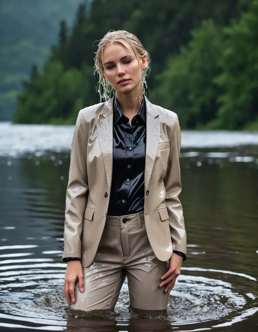 photo of young woman, in soaking wet, drenched clothes,
Beige Business Trouser, Beige Business Suit Jacket with Black button down long sleeve business Shirt, Clear Mountain Lake with heavy rain, 
enjoying, wet clothes stuck to body,
detailed textures of the wet clothes, wet face, wet plastered hair,
wet, drenched, professional, high-quality details, full body view.
sharp focus, ultra-high pixel detail, realistic, high-quality, full colors, incredibly detailed, 4k, 8k, 16k, hyper-realistic, RAW photo, masterpiece, ultra-detailed, professionally color graded, professional photograph, white blonde haired woman age 20,completely soaked, fully drenched, completely wet, wetlook, heavy rain, side parting, open hair, long hair, rain storm