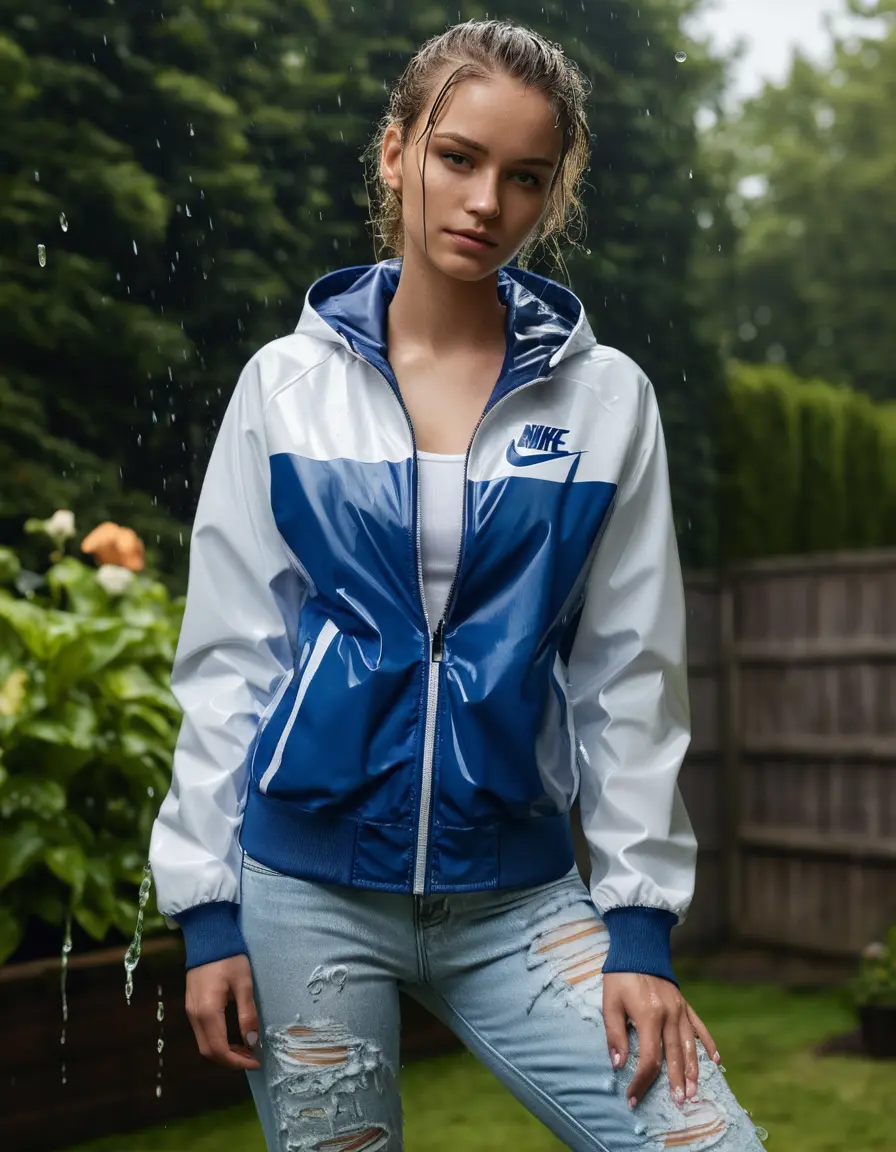photo of young woman, in soaking wet, drenched clothes,
 Nike Air Force , Blue skinny jeans , White tshirt and Nike training jacket, Garden , 
enjoying, wet clothes stuck to body,
detailed textures of the wet clothes, wet face, wet plastered hair,
wet, drenched, professional, high-quality details, full body view.
sharp focus, ultra-high pixel detail, realistic, high-quality, full colors, incredibly detailed, 4k, 8k, 16k, hyper-realistic, RAW photo, masterpiece, ultra-detailed, professionally color graded, professional photograph, Topless no bh and wet jeans 