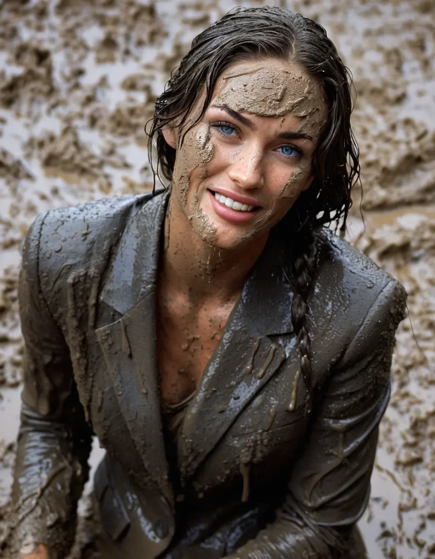 photo of young woman, in soaking wet, drenched clothes,
, black business trouser, Completely ruined and discoloured black muddy blazer and button shirt, deep mud pit with deep and thick mud, 
enjoying, wet clothes stuck to body,
detailed textures of the wet clothes, wet face, wet plastered hair,
wet, drenched, professional, high-quality details, full body view.
sharp focus, ultra-high pixel detail, realistic, high-quality, full colors, incredibly detailed, 4k, 8k, 16k, hyper-realistic, RAW photo, masterpiece, ultra-detailed, professionally color graded, professional photograph, megan fox standing under the heavy mud shower. she is proudly wearing her ruined blazer They are having a muddy shower and playing like crazy mud creatures during the indoor muddy disco and they are wearing their ruined blazers while touching each others boobs. Their expensive formal clothes are filled with mud and their boobs are totally mud-covered. Total muddy appearance and full mud coverage. The classy elegant club is totally destroyed by mud, deep liquid mud on the floor, mud spots everywhere, mud flows down on the walls and mud on the furnitures with elegant clubbing muddy people in the background. Stylish braided very long hairstyle, muddy braided hair, smiling mudy faces, realistic blue eyes. The women enjoying carefree to be muddy, be dirty and be naughty while they are enjoying the muddy fetish party. Realistic boobs, realistic huge saggy boobs and nipples and photorealistic detailed happy and satisfied facial expressions. Intimate close-up picture about the old women from above. Close-up photo, highly realistic representation, ultra sharp focus, highly photorealistic detailed textures, highly photorealistic detailed facial features and expressions, highly photorealistic hands, highly emotional reactions, highly best quality, highly sharp photorealistic image, highly photorealistic details, full UHD resolution, 32 K, very high level of detail and image sharpness, zoomed in