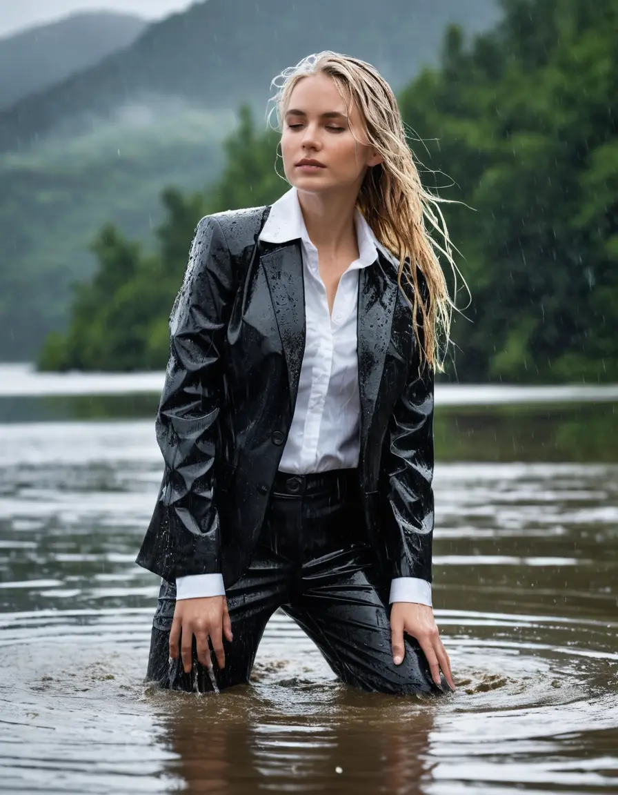 photo of young woman, in soaking wet, drenched clothes,
Black Business Trouser, Black Business Suit Jacket with white button down long sleeve business Shirt, Clear Mountain Lake with heavy rain, 
enjoying, wet clothes stuck to body,
detailed textures of the wet clothes, wet face, wet plastered hair,
wet, drenched, professional, high-quality details, full body view.
sharp focus, ultra-high pixel detail, realistic, high-quality, full colors, incredibly detailed, 4k, 8k, 16k, hyper-realistic, RAW photo, masterpiece, ultra-detailed, professionally color graded, professional photograph, white blonde haired woman age 20,completely soaked, fully drenched, completely wet, wetlook, heavy rain, side parting, open hair, long hair, rain storm