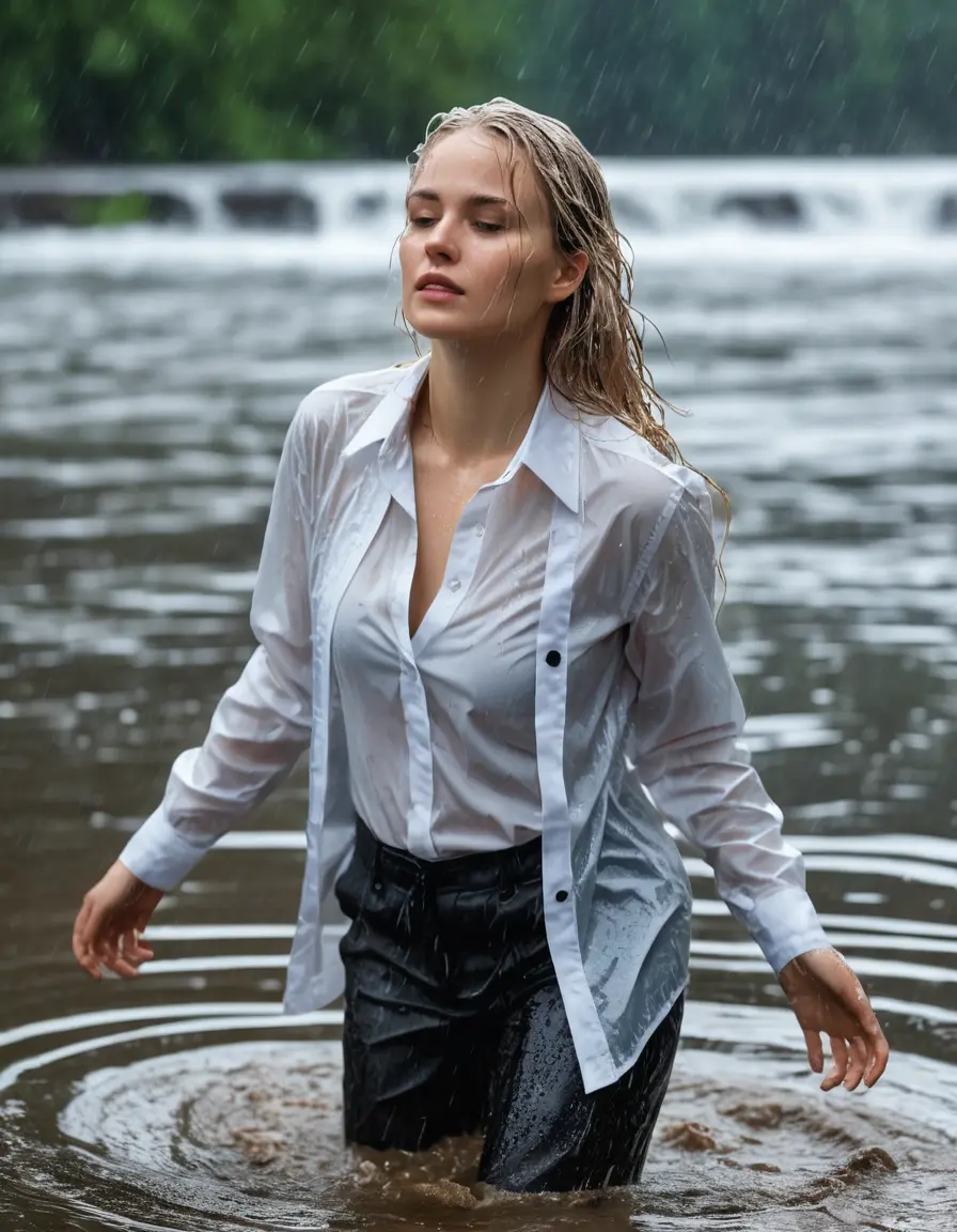 photo of young woman, in soaking wet, drenched clothes,
Black Business Trouser, Black Business Suit Jacket with white button down long sleeve business Shirt, Clear Mountain Lake with heavy rain, 
enjoying, wet clothes stuck to body,
detailed textures of the wet clothes, wet face, wet plastered hair,
wet, drenched, professional, high-quality details, full body view.
sharp focus, ultra-high pixel detail, realistic, high-quality, full colors, incredibly detailed, 4k, 8k, 16k, hyper-realistic, RAW photo, masterpiece, ultra-detailed, professionally color graded, professional photograph, white blonde haired woman age 20,completely soaked, fully drenched, completely wet, wetlook, heavy rain, side parting, open hair, long hair, rain storm