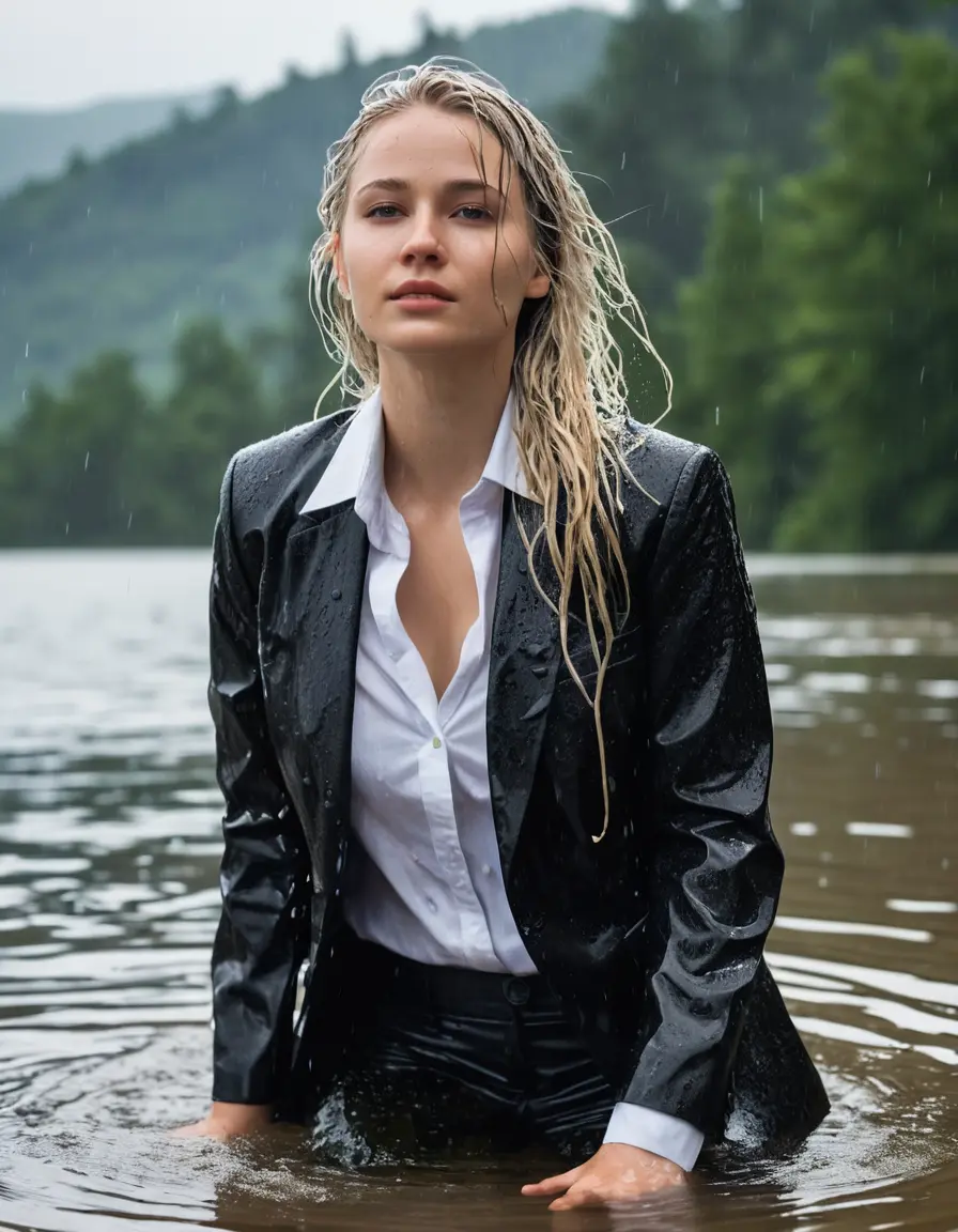 photo of young woman, in soaking wet, drenched clothes,
Black Business Trouser, Black Business Suit Jacket with white button down long sleeve business Shirt, Clear Mountain Lake with heavy rain, 
enjoying, wet clothes stuck to body,
detailed textures of the wet clothes, wet face, wet plastered hair,
wet, drenched, professional, high-quality details, full body view.
sharp focus, ultra-high pixel detail, realistic, high-quality, full colors, incredibly detailed, 4k, 8k, 16k, hyper-realistic, RAW photo, masterpiece, ultra-detailed, professionally color graded, professional photograph, white blonde haired woman age 20,completely soaked, fully drenched, completely wet, wetlook, heavy rain, side parting, open hair, long hair, rain storm