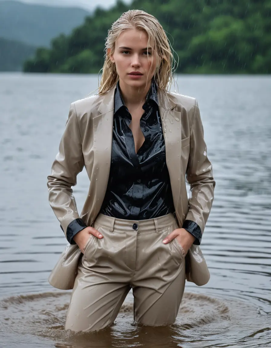 photo of young woman, in soaking wet, drenched clothes,
Beige Business Trouser, Beige Business Suit Jacket with Black button down long sleeve business Shirt, Clear Mountain Lake with heavy rain, 
enjoying, wet clothes stuck to body,
detailed textures of the wet clothes, wet face, wet plastered hair,
wet, drenched, professional, high-quality details, full body view.
sharp focus, ultra-high pixel detail, realistic, high-quality, full colors, incredibly detailed, 4k, 8k, 16k, hyper-realistic, RAW photo, masterpiece, ultra-detailed, professionally color graded, professional photograph, white blonde haired woman age 20,completely soaked, fully drenched, completely wet, wetlook, heavy rain, side parting, open hair, long hair, rain storm