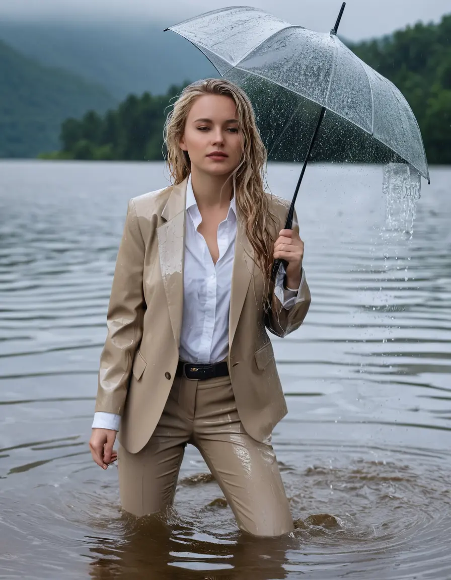 photo of young woman, in soaking wet, drenched clothes,
Beige Business Trouser, Beige Business Suit Jacket with white button down long sleeve business Shirt, Clear Mountain Lake with heavy rain, 
enjoying, wet clothes stuck to body,
detailed textures of the wet clothes, wet face, wet plastered hair,
wet, drenched, professional, high-quality details, full body view.
sharp focus, ultra-high pixel detail, realistic, high-quality, full colors, incredibly detailed, 4k, 8k, 16k, hyper-realistic, RAW photo, masterpiece, ultra-detailed, professionally color graded, professional photograph, white blonde haired woman age 20,completely soaked, fully drenched, completely wet, wetlook, heavy rain, side parting, open hair, long hair, rain storm