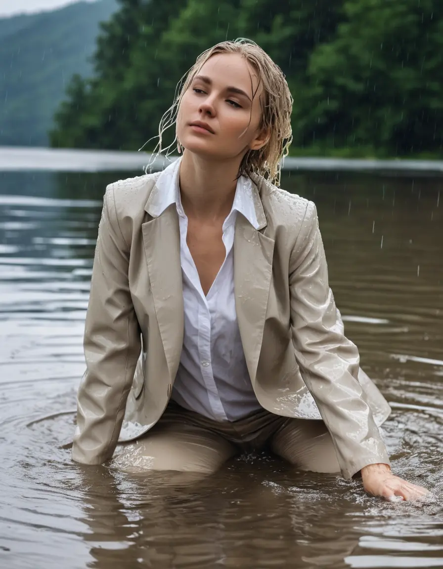 photo of young woman, in soaking wet, drenched clothes,
Beige Business Trouser, Beige Business Suit Jacket with white button down long sleeve business Shirt, Clear Mountain Lake with heavy rain, 
enjoying, wet clothes stuck to body,
detailed textures of the wet clothes, wet face, wet plastered hair,
wet, drenched, professional, high-quality details, full body view.
sharp focus, ultra-high pixel detail, realistic, high-quality, full colors, incredibly detailed, 4k, 8k, 16k, hyper-realistic, RAW photo, masterpiece, ultra-detailed, professionally color graded, professional photograph, white blonde haired woman age 20,completely soaked, fully drenched, completely wet, wetlook, heavy rain, side parting, open hair, long hair, rain storm