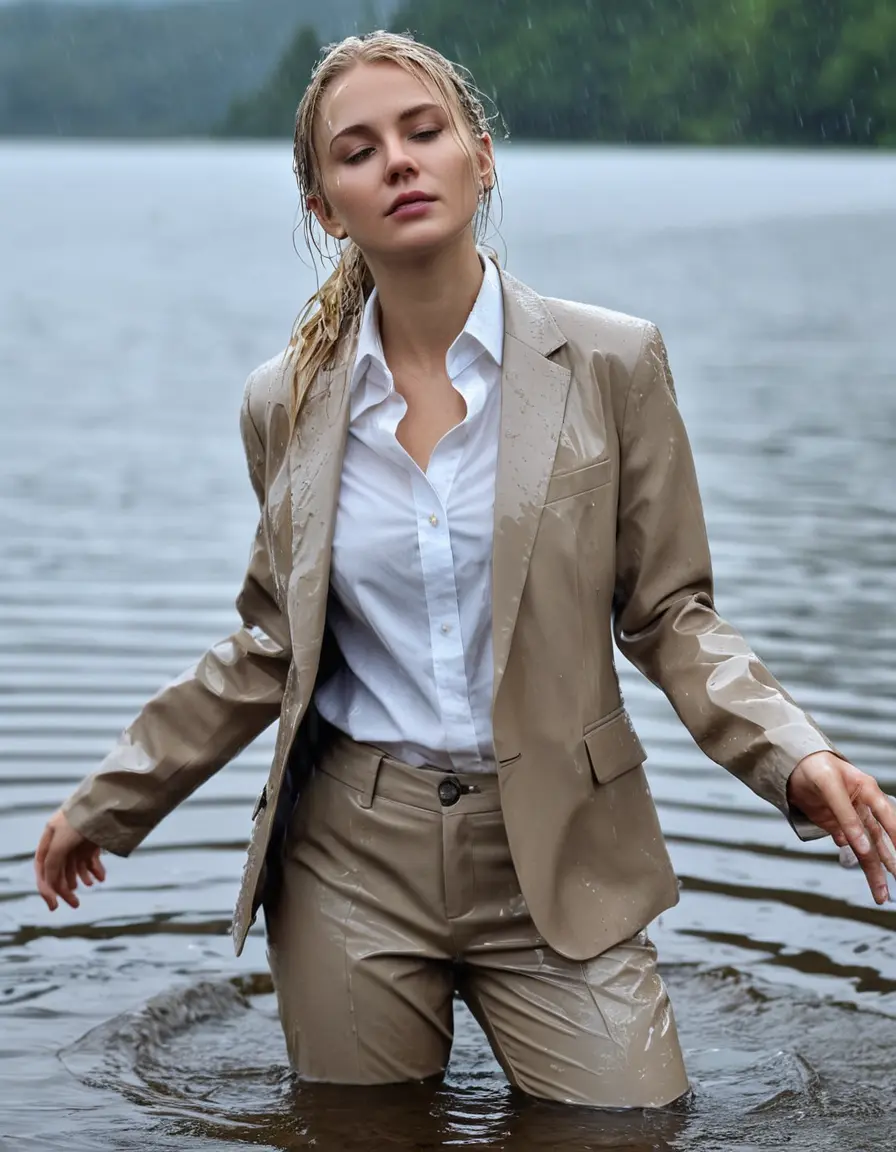 photo of young woman, in soaking wet, drenched clothes,
Beige Business Trouser, Beige Business Suit Jacket with white button down long sleeve business Shirt, Clear Mountain Lake with heavy rain, 
enjoying, wet clothes stuck to body,
detailed textures of the wet clothes, wet face, wet plastered hair,
wet, drenched, professional, high-quality details, full body view.
sharp focus, ultra-high pixel detail, realistic, high-quality, full colors, incredibly detailed, 4k, 8k, 16k, hyper-realistic, RAW photo, masterpiece, ultra-detailed, professionally color graded, professional photograph, white blonde haired woman age 20,completely soaked, fully drenched, completely wet, wetlook, heavy rain, side parting, open hair, long hair, rain storm