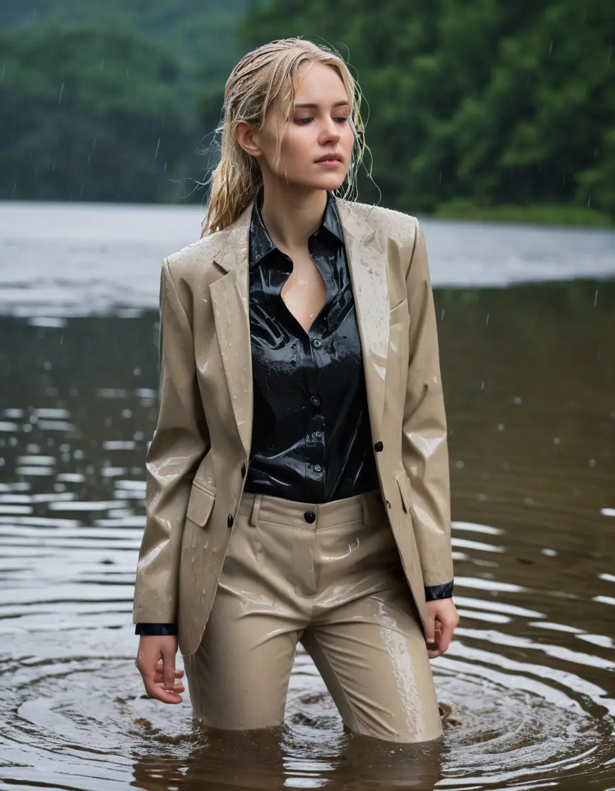 photo of young woman, in soaking wet, drenched clothes,
Beige Business Trouser, Beige Business Suit Jacket with Black button down long sleeve business Shirt, Clear Mountain Lake with heavy rain, 
enjoying, wet clothes stuck to body,
detailed textures of the wet clothes, wet face, wet plastered hair,
wet, drenched, professional, high-quality details, full body view.
sharp focus, ultra-high pixel detail, realistic, high-quality, full colors, incredibly detailed, 4k, 8k, 16k, hyper-realistic, RAW photo, masterpiece, ultra-detailed, professionally color graded, professional photograph, white blonde haired woman age 20,completely soaked, fully drenched, completely wet, wetlook, heavy rain, side parting, open hair, long hair, rain storm