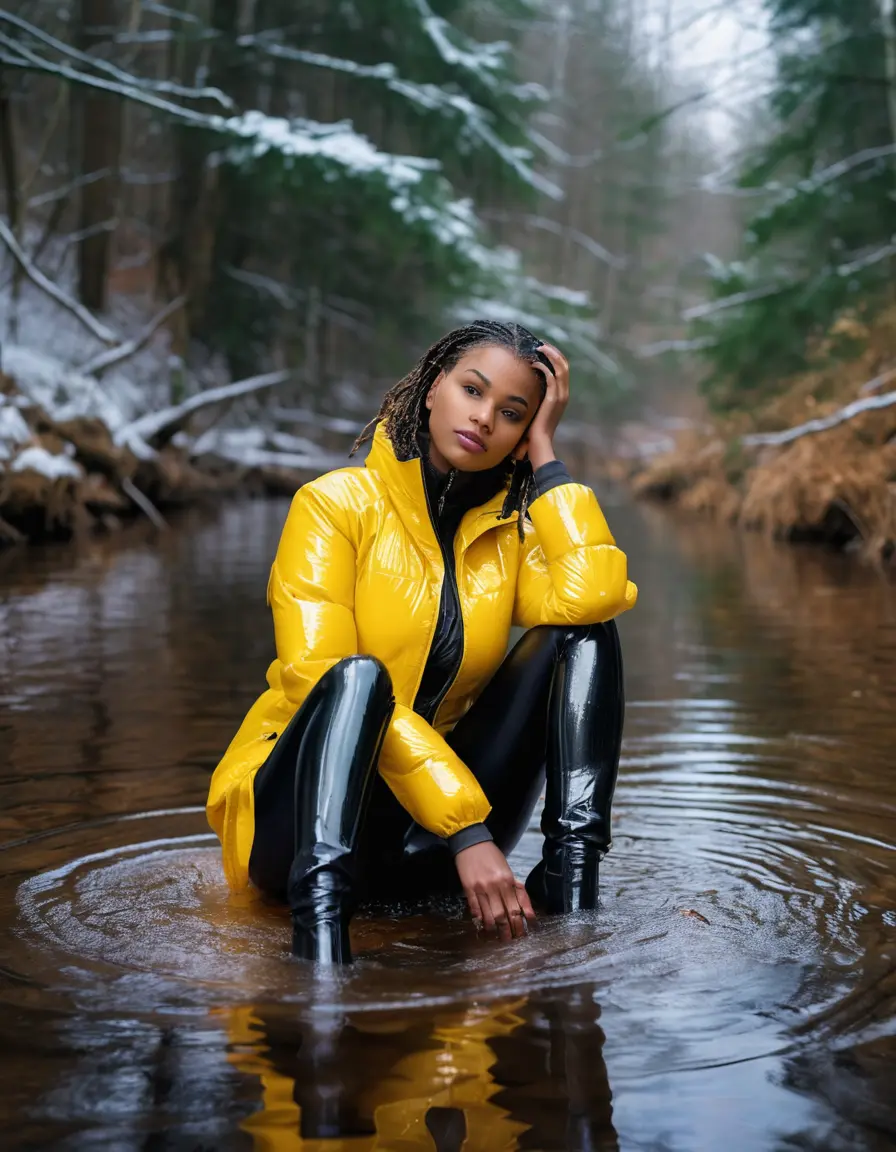 photo of young woman, in soaking wet, drenched clothes,
high heels, leather leggings, yellow transparent t-shirt, black wet shiny pvc puffer jacket, sitting legs crossed waist depth in a river in a snow covered forest, 
enjoying, wet clothes stuck to body,
detailed textures of the wet clothes, wet face, wet plastered hair,
wet, drenched, professional, high-quality details, full body view.
sharp focus, ultra-high pixel detail, realistic, high-quality, full colors, incredibly detailed, 4k, 8k, 16k, hyper-realistic, RAW photo, masterpiece, ultra-detailed, professionally color graded, professional photograph, 65 years old bigboobs black girl