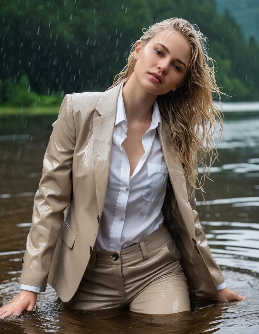 photo of young woman, in soaking wet, drenched clothes,
Beige Business Trouser, Beige Business Suit Jacket with white button down long sleeve business Shirt, Clear Mountain Lake with heavy rain, 
enjoying, wet clothes stuck to body,
detailed textures of the wet clothes, wet face, wet plastered hair,
wet, drenched, professional, high-quality details, full body view.
sharp focus, ultra-high pixel detail, realistic, high-quality, full colors, incredibly detailed, 4k, 8k, 16k, hyper-realistic, RAW photo, masterpiece, ultra-detailed, professionally color graded, professional photograph, white blonde haired woman age 20,completely soaked, fully drenched, completely wet, wetlook, heavy rain, side parting, open hair, long hair, rain storm
