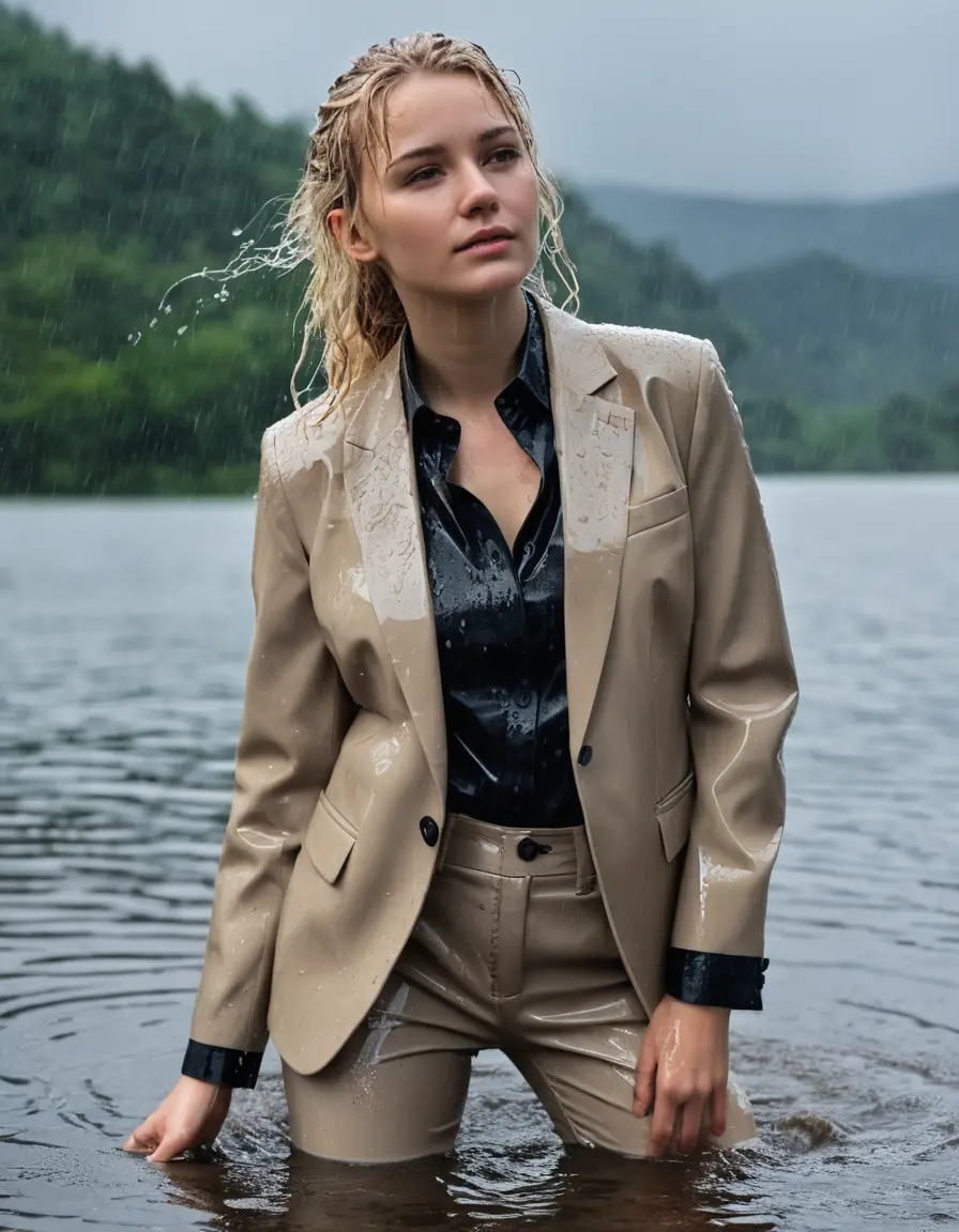 photo of young woman, in soaking wet, drenched clothes,
Beige Business Trouser, Beige Business Suit Jacket with Black button down long sleeve business Shirt, Clear Mountain Lake with heavy rain, 
enjoying, wet clothes stuck to body,
detailed textures of the wet clothes, wet face, wet plastered hair,
wet, drenched, professional, high-quality details, full body view.
sharp focus, ultra-high pixel detail, realistic, high-quality, full colors, incredibly detailed, 4k, 8k, 16k, hyper-realistic, RAW photo, masterpiece, ultra-detailed, professionally color graded, professional photograph, white blonde haired woman age 20,completely soaked, fully drenched, completely wet, wetlook, heavy rain, side parting, open hair, long hair, rain storm