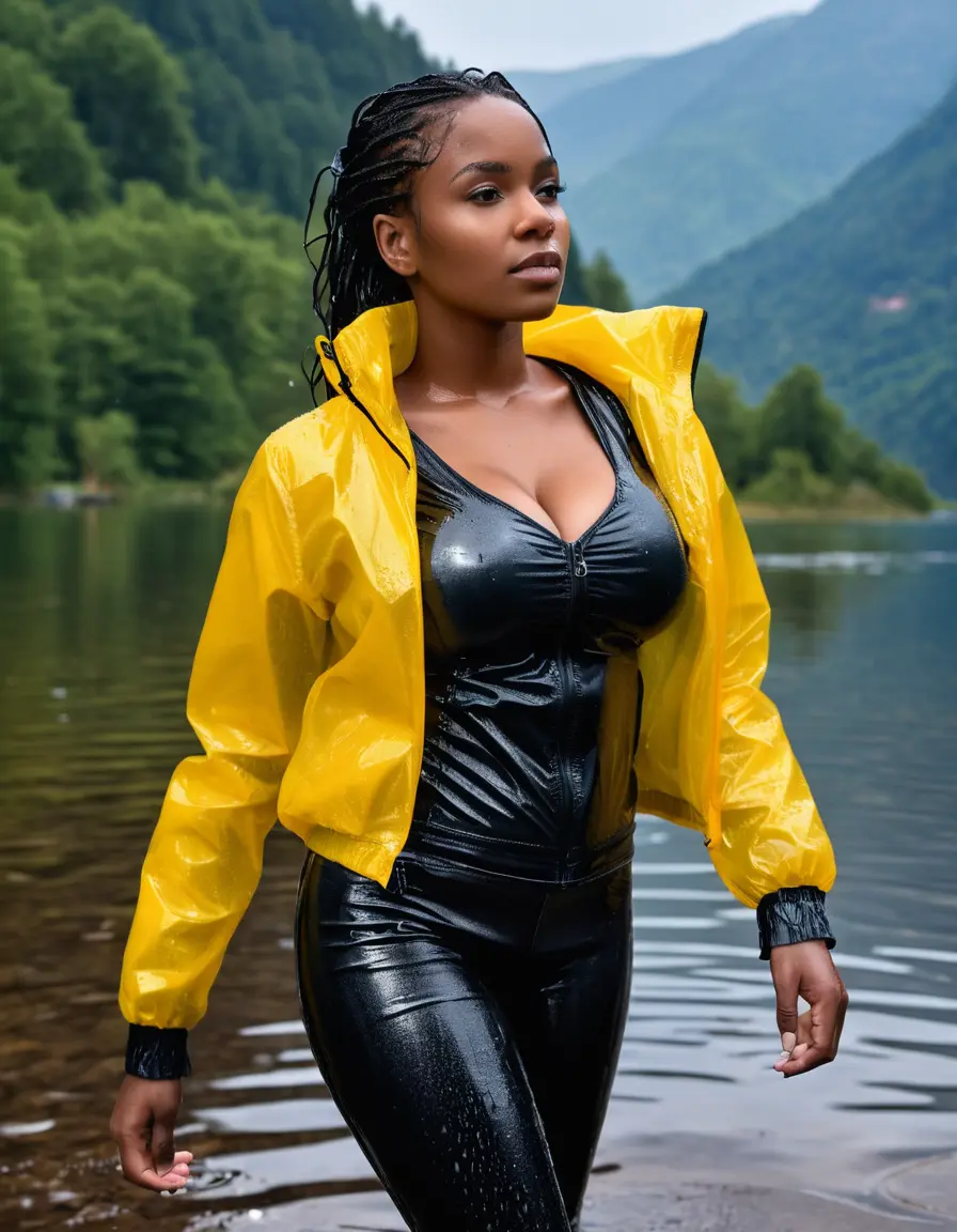 photo of young woman, in soaking wet, drenched clothes,
high heels, leather leggings, yellow transparent t-shirt, black wet shiny pvc puffer jacket, Clear deep Mountain Lake, heavy rain, 
enjoying, wet clothes stuck to body,
detailed textures of the wet clothes, wet face, wet plastered hair,
wet, drenched, professional, high-quality details, full body view.
sharp focus, ultra-high pixel detail, realistic, high-quality, full colors, incredibly detailed, 4k, 8k, 16k, hyper-realistic, RAW photo, masterpiece, ultra-detailed, professionally color graded, professional photograph, 65 years old bigboobs black girl