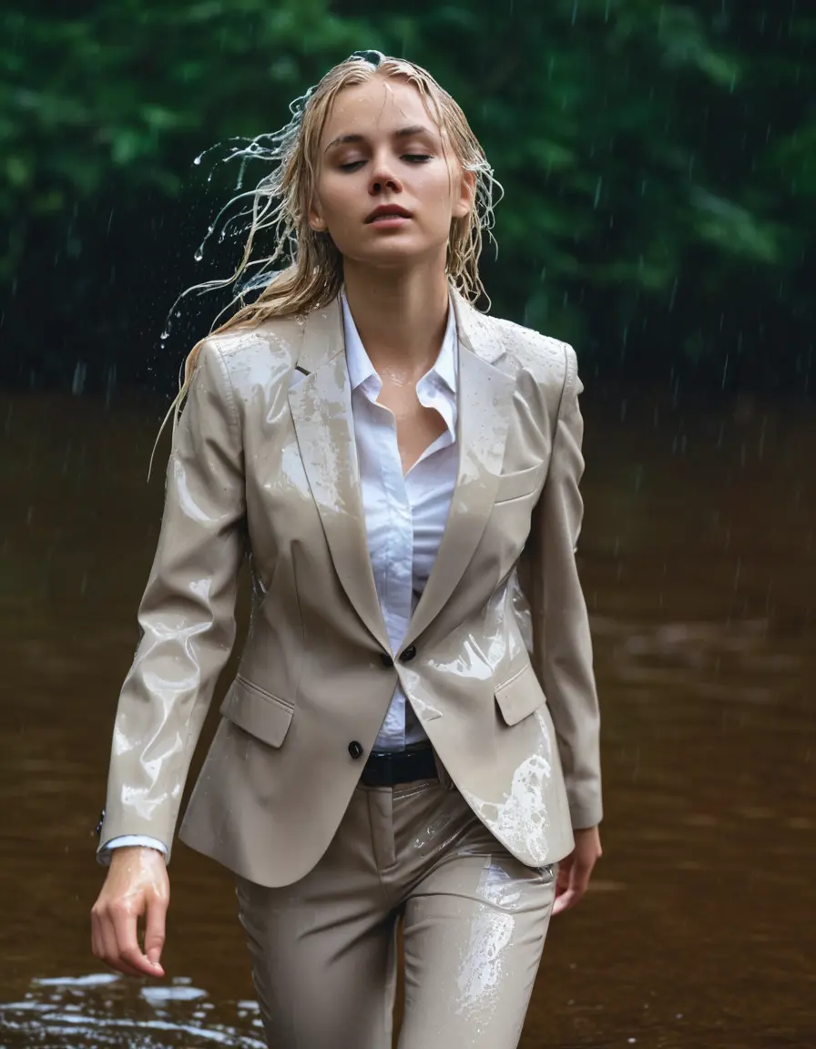 photo of young woman, in soaking wet, drenched clothes,
Beige Business Trouser, Beige Business Suit Jacket with white button down long sleeve business Shirt, Clear Mountain Lake with heavy rain, 
enjoying, wet clothes stuck to body,
detailed textures of the wet clothes, wet face, wet plastered hair,
wet, drenched, professional, high-quality details, full body view.
sharp focus, ultra-high pixel detail, realistic, high-quality, full colors, incredibly detailed, 4k, 8k, 16k, hyper-realistic, RAW photo, masterpiece, ultra-detailed, professionally color graded, professional photograph, white blonde haired woman age 20,completely soaked, fully drenched, completely wet, wetlook, heavy rain, side parting, open hair, long hair, rain storm