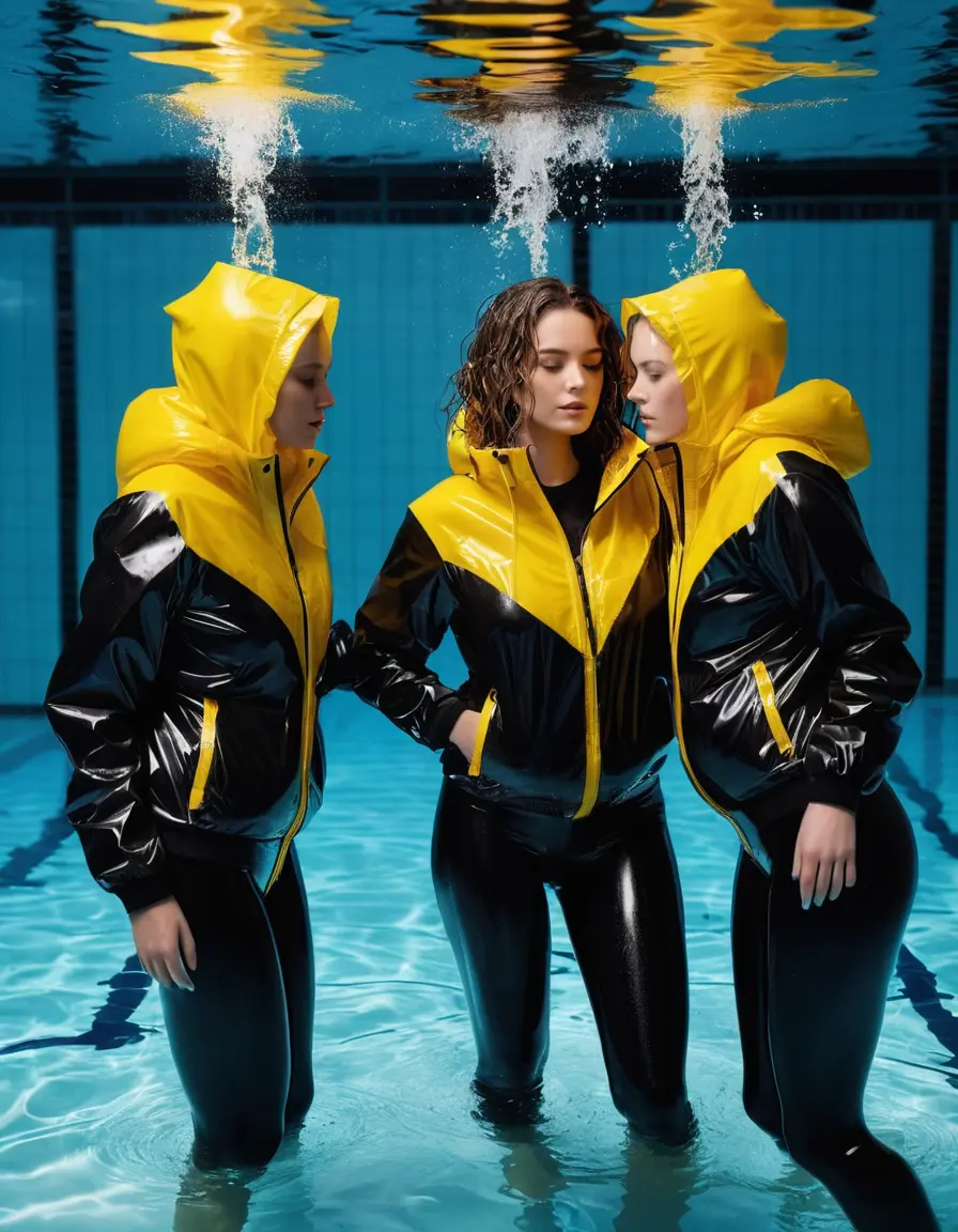 photo of young woman, in soaking wet, drenched clothes,
high heels, leather leggings, yellow transparent t-shirt, black wet shiny pvc puffer jacket, two woman in a dimly-lit indoor pool, partly submerged. only her head and chest are above the water, 
enjoying, wet clothes stuck to body,
detailed textures of the wet clothes, wet face, wet plastered hair,
wet, drenched, professional, high-quality details, full body view.
sharp focus, ultra-high pixel detail, realistic, high-quality, full colors, incredibly detailed, 4k, 8k, 16k, hyper-realistic, RAW photo, masterpiece, ultra-detailed, professionally color graded, professional photograph, 65 years old bigboobs black girl