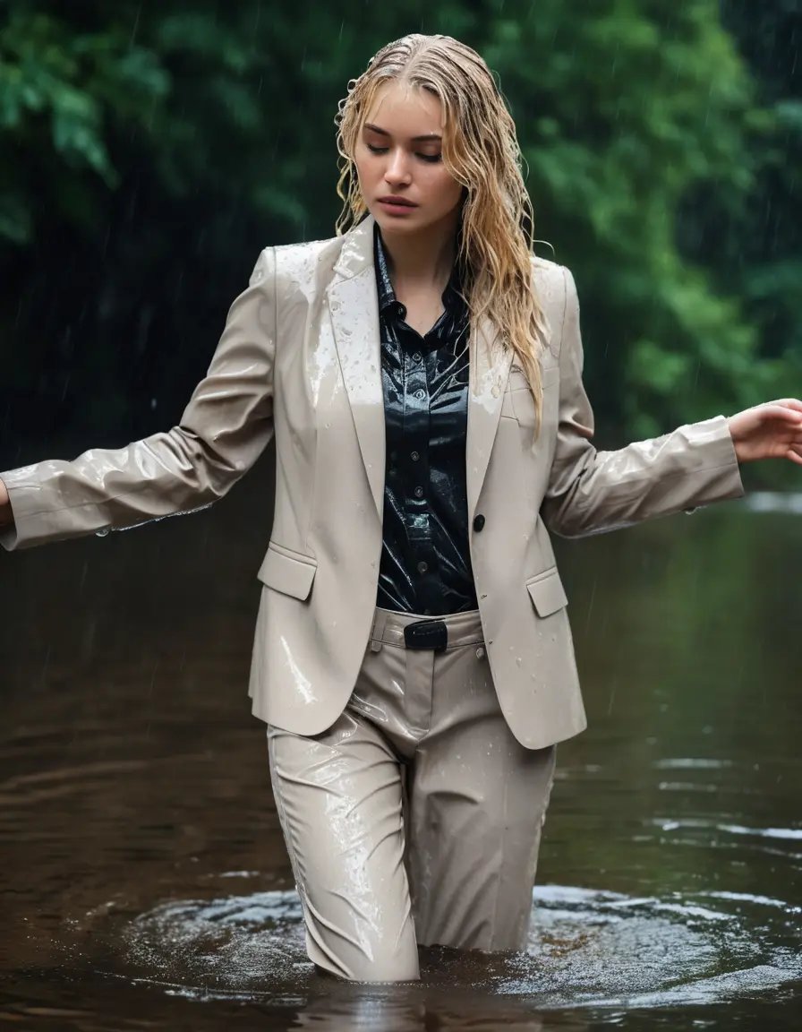 photo of young woman, in soaking wet, drenched clothes,
Beige Business Trouser, Beige Business Suit Jacket with Black button down long sleeve business Shirt, Clear Mountain Lake with heavy rain, 
enjoying, wet clothes stuck to body,
detailed textures of the wet clothes, wet face, wet plastered hair,
wet, drenched, professional, high-quality details, full body view.
sharp focus, ultra-high pixel detail, realistic, high-quality, full colors, incredibly detailed, 4k, 8k, 16k, hyper-realistic, RAW photo, masterpiece, ultra-detailed, professionally color graded, professional photograph, white blonde haired woman age 20,completely soaked, fully drenched, completely wet, wetlook, heavy rain, side parting, open hair, long hair, rain storm