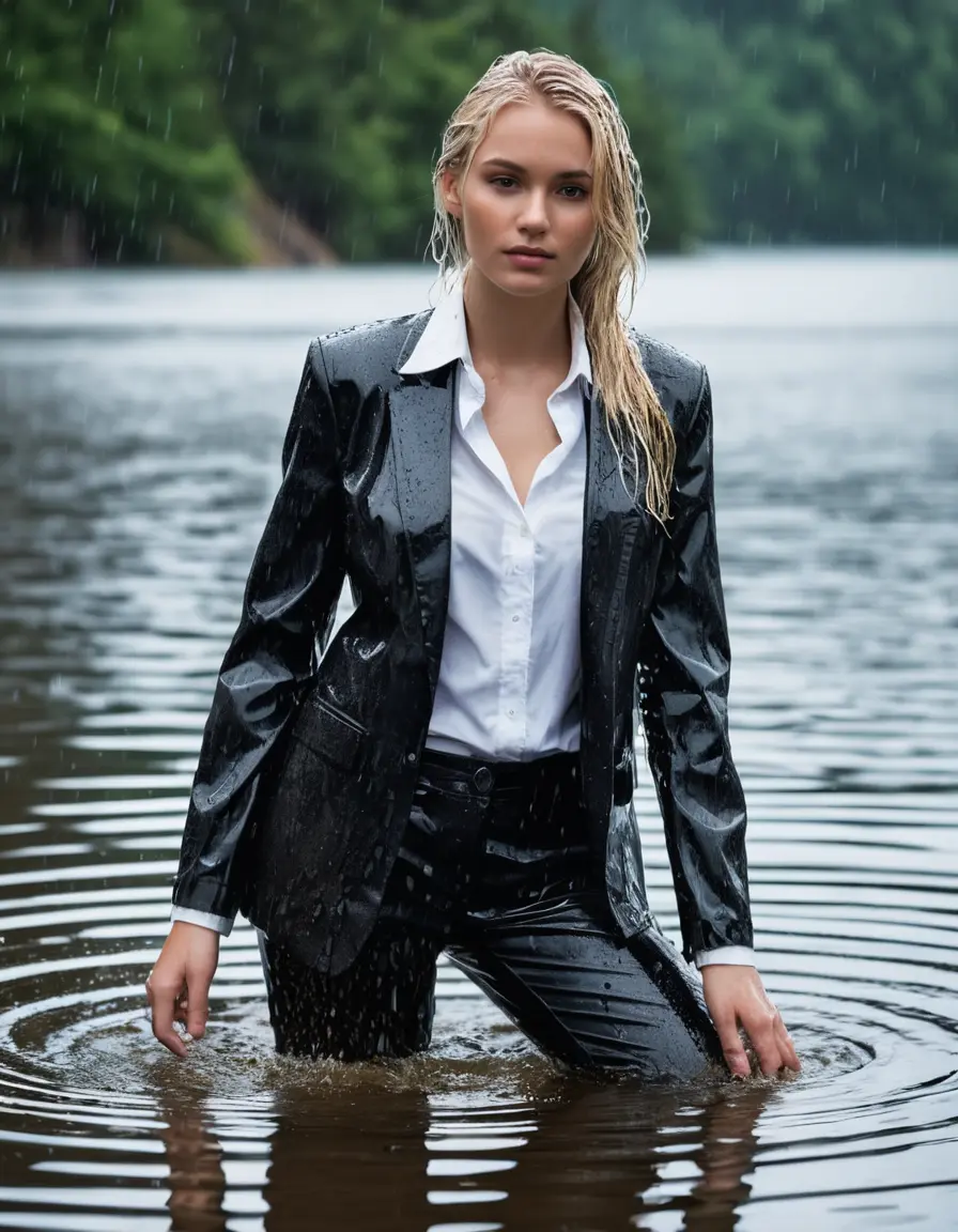 photo of young woman, in soaking wet, drenched clothes,
Black Business Trouser, Black Business Suit Jacket with white button down long sleeve business Shirt, Clear Mountain Lake with heavy rain, 
enjoying, wet clothes stuck to body,
detailed textures of the wet clothes, wet face, wet plastered hair,
wet, drenched, professional, high-quality details, full body view.
sharp focus, ultra-high pixel detail, realistic, high-quality, full colors, incredibly detailed, 4k, 8k, 16k, hyper-realistic, RAW photo, masterpiece, ultra-detailed, professionally color graded, professional photograph, white blonde haired woman age 20,completely soaked, fully drenched, completely wet, wetlook, heavy rain, side parting, open hair, long hair, rain storm