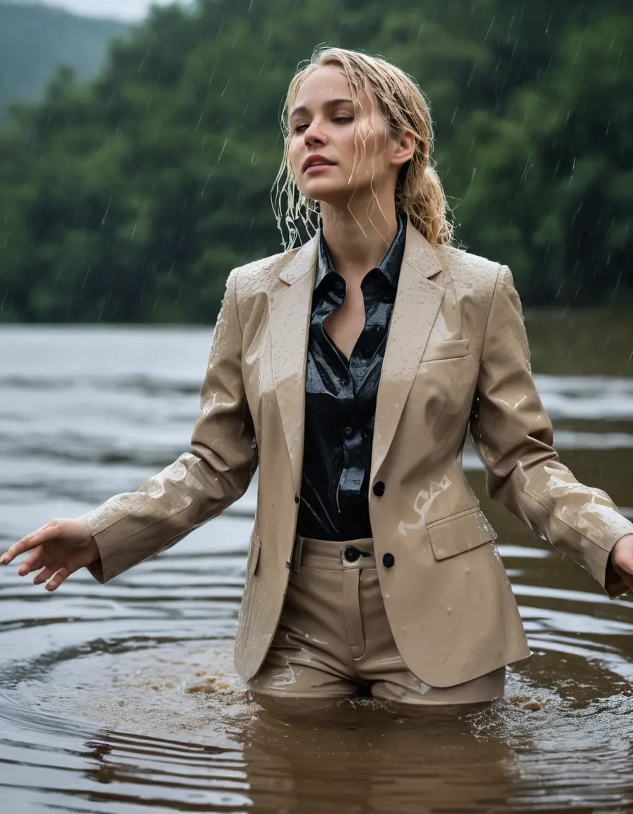 photo of young woman, in soaking wet, drenched clothes,
Beige Business Trouser, Beige Business Suit Jacket with Black button down long sleeve business Shirt, Clear Mountain Lake with heavy rain, 
enjoying, wet clothes stuck to body,
detailed textures of the wet clothes, wet face, wet plastered hair,
wet, drenched, professional, high-quality details, full body view.
sharp focus, ultra-high pixel detail, realistic, high-quality, full colors, incredibly detailed, 4k, 8k, 16k, hyper-realistic, RAW photo, masterpiece, ultra-detailed, professionally color graded, professional photograph, white blonde haired woman age 20,completely soaked, fully drenched, completely wet, wetlook, heavy rain, side parting, open hair, long hair, rain storm