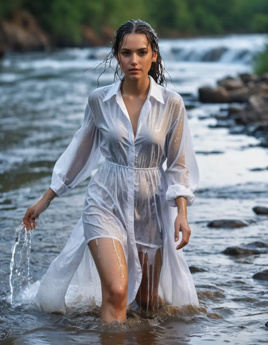 photo of young woman, in soaking wet, drenched clothes,
heels, dress, white blouse, river, 
enjoying, wet clothes stuck to body,
detailed textures of the wet clothes, wet face, wet plastered hair,
wet, drenched, professional, high-quality details, full body view.
sharp focus, ultra-high pixel detail, realistic, high-quality, full colors, incredibly detailed, 4k, 8k, 16k, hyper-realistic, RAW photo, masterpiece, ultra-detailed, professionally color graded, professional photograph
