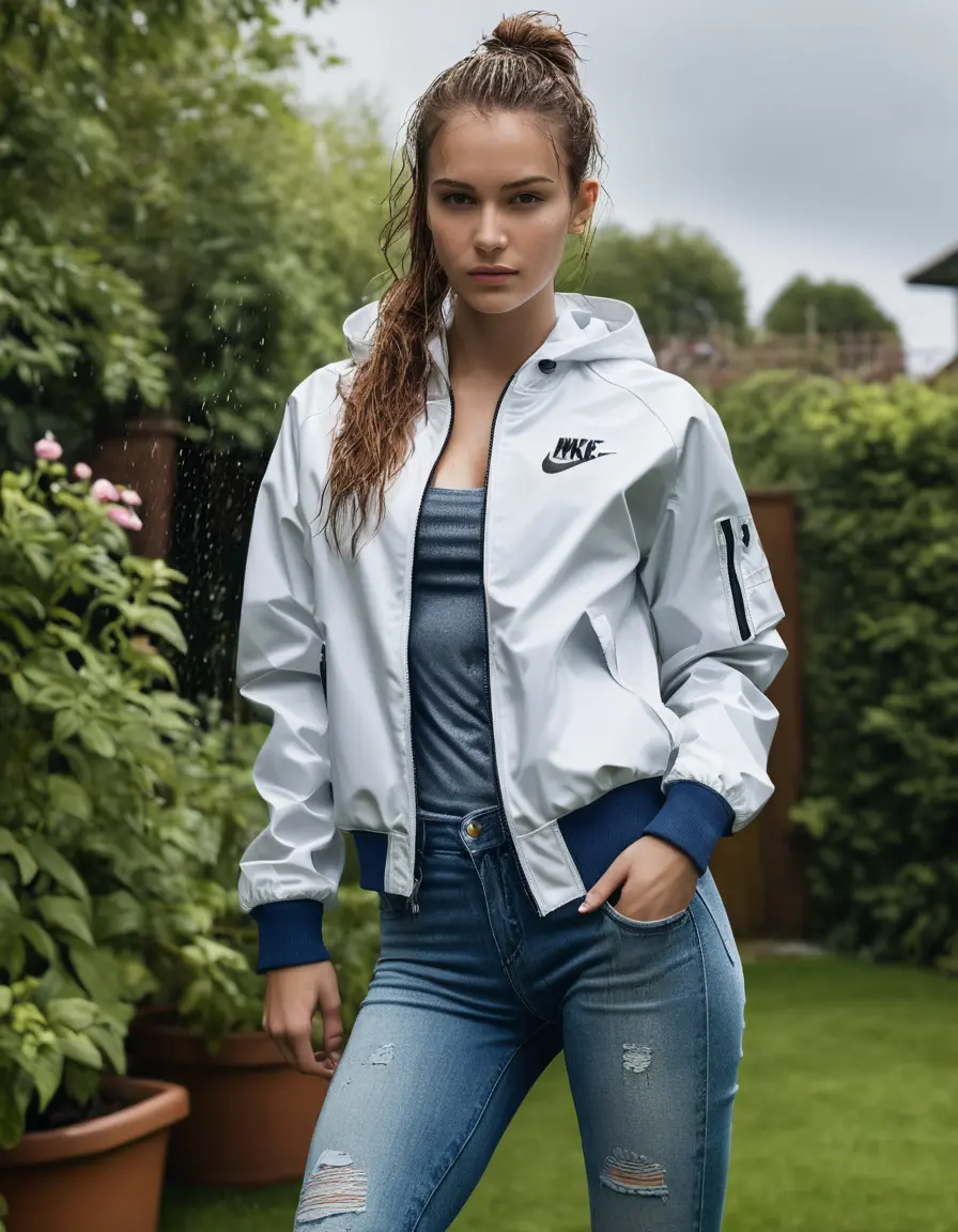 photo of young woman, in soaking wet, drenched clothes,
 Nike Air Force , Blue skinny jeans , White tshirt and Nike training jacket, Garden , 
enjoying, wet clothes stuck to body,
detailed textures of the wet clothes, wet face, wet plastered hair,
wet, drenched, professional, high-quality details, full body view.
sharp focus, ultra-high pixel detail, realistic, high-quality, full colors, incredibly detailed, 4k, 8k, 16k, hyper-realistic, RAW photo, masterpiece, ultra-detailed, professionally color graded, professional photograph, Without bh