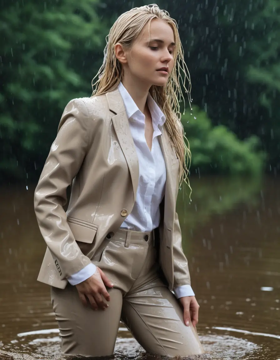 photo of young woman, in soaking wet, drenched clothes,
Beige Business Trouser, Beige Business Suit Jacket with white button down long sleeve business Shirt, Clear Mountain Lake with heavy rain, 
enjoying, wet clothes stuck to body,
detailed textures of the wet clothes, wet face, wet plastered hair,
wet, drenched, professional, high-quality details, full body view.
sharp focus, ultra-high pixel detail, realistic, high-quality, full colors, incredibly detailed, 4k, 8k, 16k, hyper-realistic, RAW photo, masterpiece, ultra-detailed, professionally color graded, professional photograph, white blonde haired woman age 20,completely soaked, fully drenched, completely wet, wetlook, heavy rain, side parting, open hair, long hair, rain storm