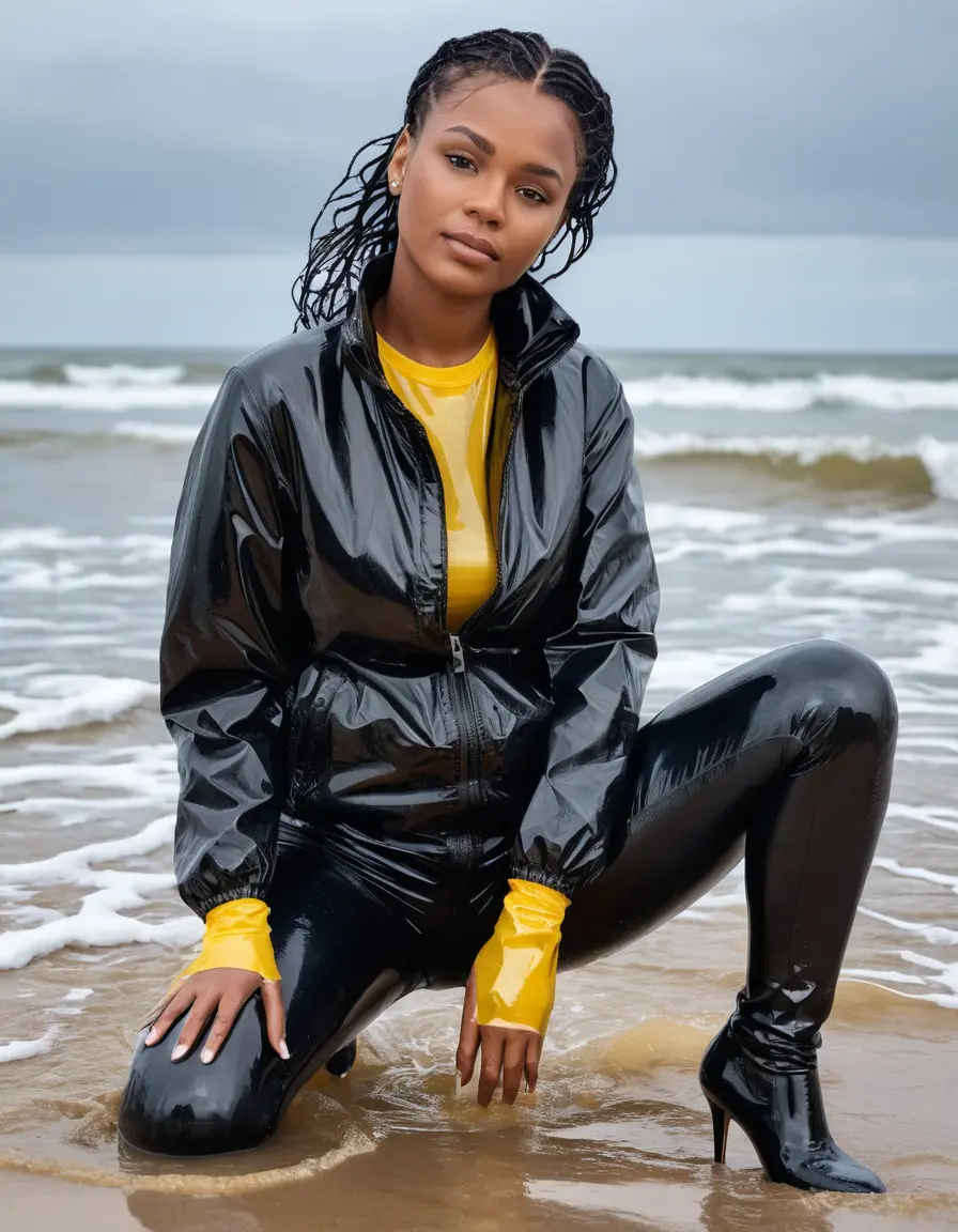 photo of young woman, in soaking wet, drenched clothes,
high heels, leather leggings, yellow transparent t-shirt, black wet shiny pvc puffer jacket, Sitting with spreaded legs in waves on beach, 
enjoying, wet clothes stuck to body,
detailed textures of the wet clothes, wet face, wet plastered hair,
wet, drenched, professional, high-quality details, full body view.
sharp focus, ultra-high pixel detail, realistic, high-quality, full colors, incredibly detailed, 4k, 8k, 16k, hyper-realistic, RAW photo, masterpiece, ultra-detailed, professionally color graded, professional photograph, 65 years old mature, big boobs, black girl