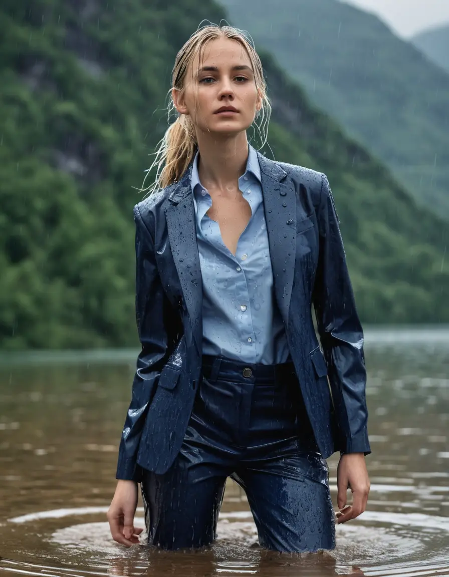 photo of young woman, in soaking wet, drenched clothes,
Dark Blue Business Trouser, Dark Blue Business Suit Jacket with Light Blue button down long sleeve business Shirt, Clear Mountain Lake with heavy rain, 
enjoying, wet clothes stuck to body,
detailed textures of the wet clothes, wet face, wet plastered hair,
wet, drenched, professional, high-quality details, full body view.
sharp focus, ultra-high pixel detail, realistic, high-quality, full colors, incredibly detailed, 4k, 8k, 16k, hyper-realistic, RAW photo, masterpiece, ultra-detailed, professionally color graded, professional photograph, white blonde haired woman age 20,completely soaked, fully drenched, completely wet, wetlook, heavy rain, side parting, open hair, long hair, rain storm