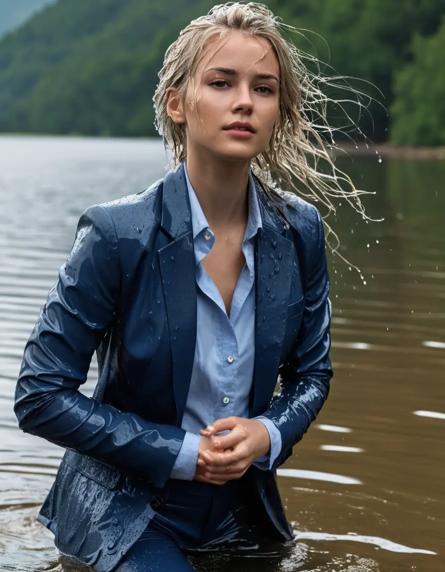 photo of young woman, in soaking wet, drenched clothes,
Dark Blue Business Trouser, Dark Blue Business Suit Jacket with Light Blue button down long sleeve business Shirt, Clear Mountain Lake with heavy rain, 
enjoying, wet clothes stuck to body,
detailed textures of the wet clothes, wet face, wet plastered hair,
wet, drenched, professional, high-quality details, full body view.
sharp focus, ultra-high pixel detail, realistic, high-quality, full colors, incredibly detailed, 4k, 8k, 16k, hyper-realistic, RAW photo, masterpiece, ultra-detailed, professionally color graded, professional photograph, white blonde haired woman age 20,completely soaked, fully drenched, completely wet, wetlook, heavy rain, side parting, open hair, long hair, rain storm