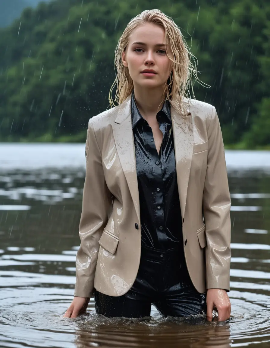 photo of young woman, in soaking wet, drenched clothes,
Beige Business Trouser, Beige Business Suit Jacket with Black button down long sleeve business Shirt, Clear Mountain Lake with heavy rain, 
enjoying, wet clothes stuck to body,
detailed textures of the wet clothes, wet face, wet plastered hair,
wet, drenched, professional, high-quality details, full body view.
sharp focus, ultra-high pixel detail, realistic, high-quality, full colors, incredibly detailed, 4k, 8k, 16k, hyper-realistic, RAW photo, masterpiece, ultra-detailed, professionally color graded, professional photograph, white blonde haired woman age 20,completely soaked, fully drenched, completely wet, wetlook, heavy rain, side parting, open hair, long hair, rain storm