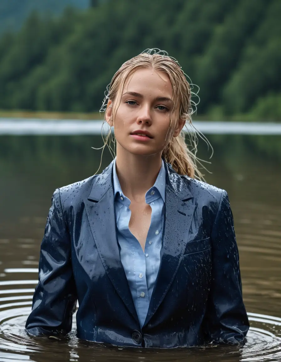 photo of young woman, in soaking wet, drenched clothes,
Dark Blue Business Trouser, Dark Blue Business Suit Jacket with Light Blue button down long sleeve business Shirt, Clear Mountain Lake with heavy rain, 
enjoying, wet clothes stuck to body,
detailed textures of the wet clothes, wet face, wet plastered hair,
wet, drenched, professional, high-quality details, full body view.
sharp focus, ultra-high pixel detail, realistic, high-quality, full colors, incredibly detailed, 4k, 8k, 16k, hyper-realistic, RAW photo, masterpiece, ultra-detailed, professionally color graded, professional photograph, white blonde haired woman age 20,completely soaked, fully drenched, completely wet, wetlook, heavy rain, side parting, open hair, long hair, rain storm