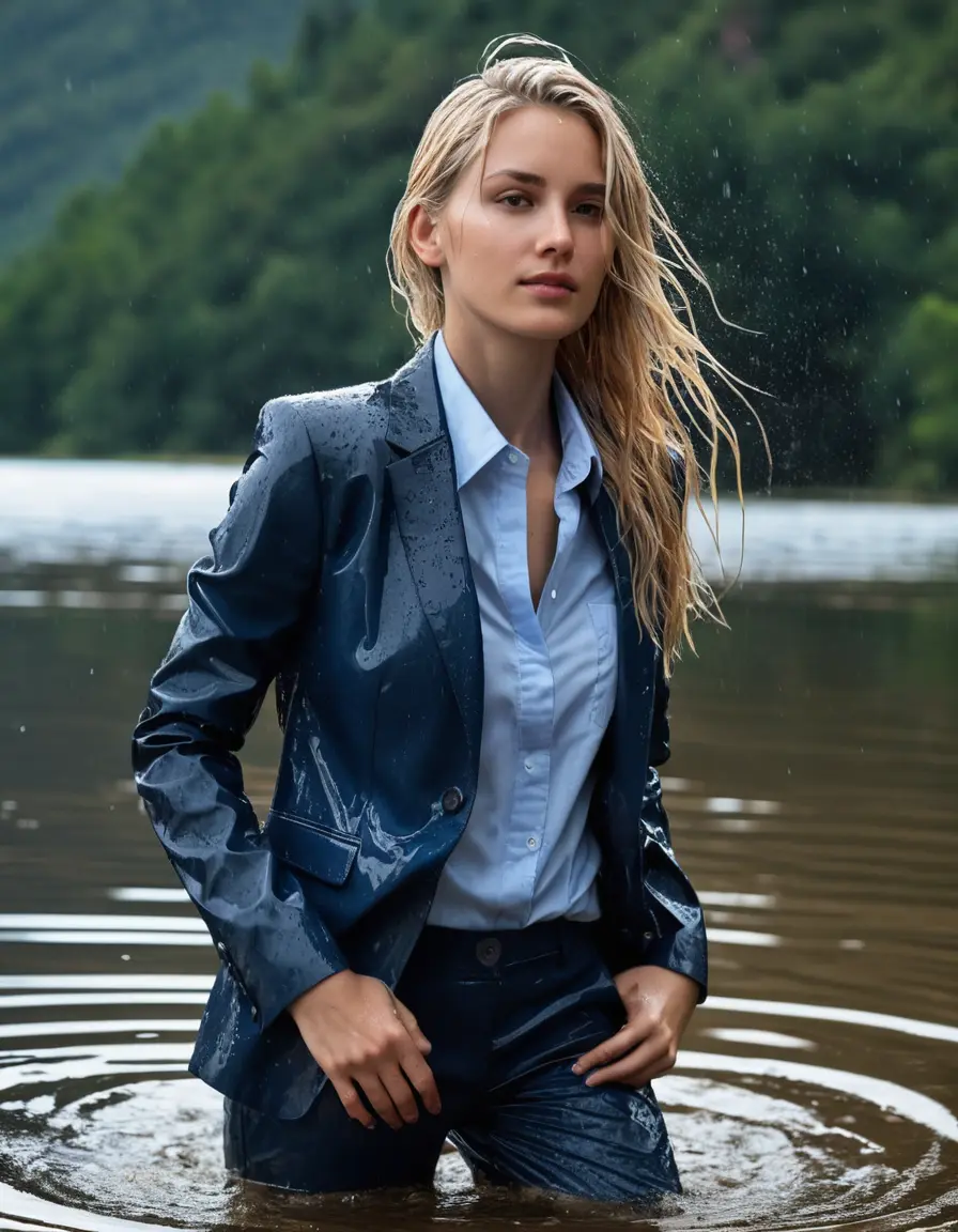 photo of young woman, in soaking wet, drenched clothes,
Dark Blue Business Trouser, Dark Blue Business Suit Jacket with Light Blue button down long sleeve business Shirt, Clear Mountain Lake with heavy rain, 
enjoying, wet clothes stuck to body,
detailed textures of the wet clothes, wet face, wet plastered hair,
wet, drenched, professional, high-quality details, full body view.
sharp focus, ultra-high pixel detail, realistic, high-quality, full colors, incredibly detailed, 4k, 8k, 16k, hyper-realistic, RAW photo, masterpiece, ultra-detailed, professionally color graded, professional photograph, white blonde haired woman age 20,completely soaked, fully drenched, completely wet, wetlook, heavy rain, side parting, open hair, long hair, rain storm
