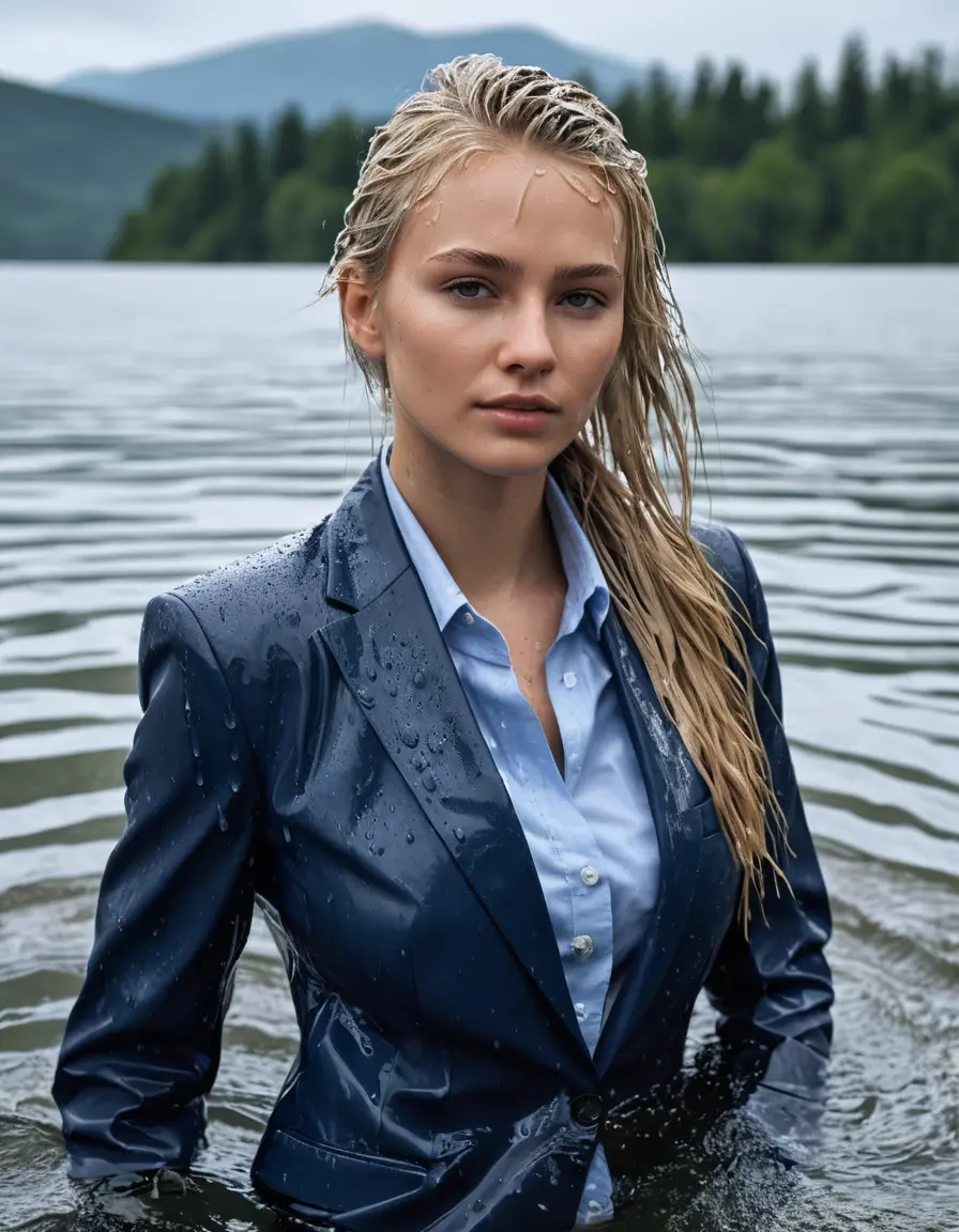 photo of young woman, in soaking wet, drenched clothes,
Dark Blue Business Trouser, Dark Blue Business Suit Jacket with Light Blue button down long sleeve business Shirt, Clear Mountain Lake with heavy rain, 
enjoying, wet clothes stuck to body,
detailed textures of the wet clothes, wet face, wet plastered hair,
wet, drenched, professional, high-quality details, full body view.
sharp focus, ultra-high pixel detail, realistic, high-quality, full colors, incredibly detailed, 4k, 8k, 16k, hyper-realistic, RAW photo, masterpiece, ultra-detailed, professionally color graded, professional photograph, white blonde haired woman age 20,completely soaked, fully drenched, completely wet, wetlook, heavy rain, side parting, open hair, long hair, rain storm