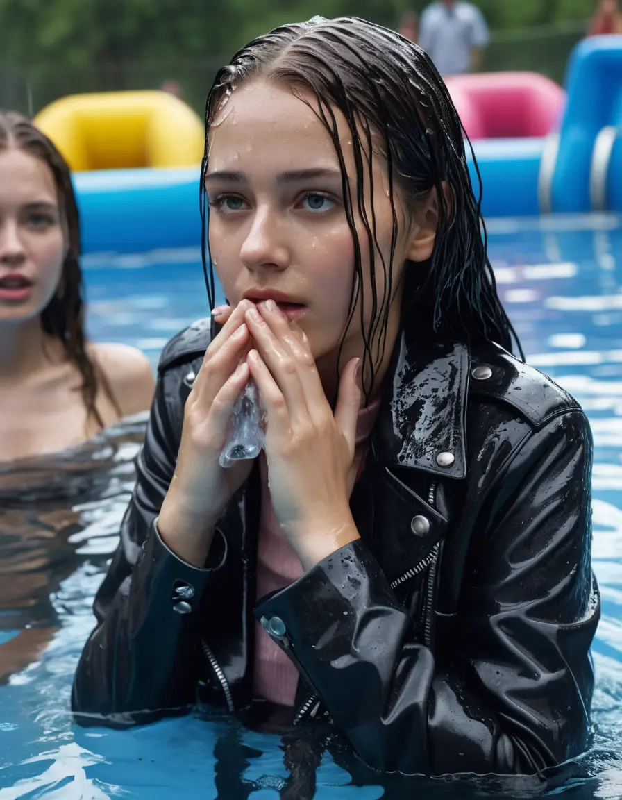 photo of young woman, in soaking wet, drenched clothes,
ankle boots , super skin tight denim jeans, slim fit black biker leatherjacket, tight light pink knit turtleneck sweater, handbag , fifteen years old horny blonde teenage girl with girlfriend hold her hand over her mouth and nose lies completely submerged in pool partly underwater up to the neck at party in a crowded waterpark, completely wet from the rain, open mouth, big eyes, 
enjoying, wet clothes stuck to body,
detailed textures of the wet clothes, wet face, wet plastered hair,
wet, drenched, professional, high-quality details, full body view.
sharp focus, ultra-high pixel detail, realistic, high-quality, full colors, incredibly detailed, 4k, 8k, 16k, hyper-realistic, RAW photo, masterpiece, ultra-detailed, professionally color graded, professional photograph, fifteen years old, completely soaked, completely dripping wet, very wet clothes, sleek long straight hair, worried and embarrassed facial expression, slight yawn, all girls wear different styles of clothes, carrying a dripping wet smal handbag, a lot of people stands in the background, close-up, view from above, highly realistic representation, ultra sharp focus, highly photorealistic detailed facial features and expressions, highly photorealistic hands, highly best quality, highly sharp photorealistic image, highly photorealistic details, highest photorealistic wet clothes, full UHD resolution, highest photorealistic sharpness of the image, 32 K
