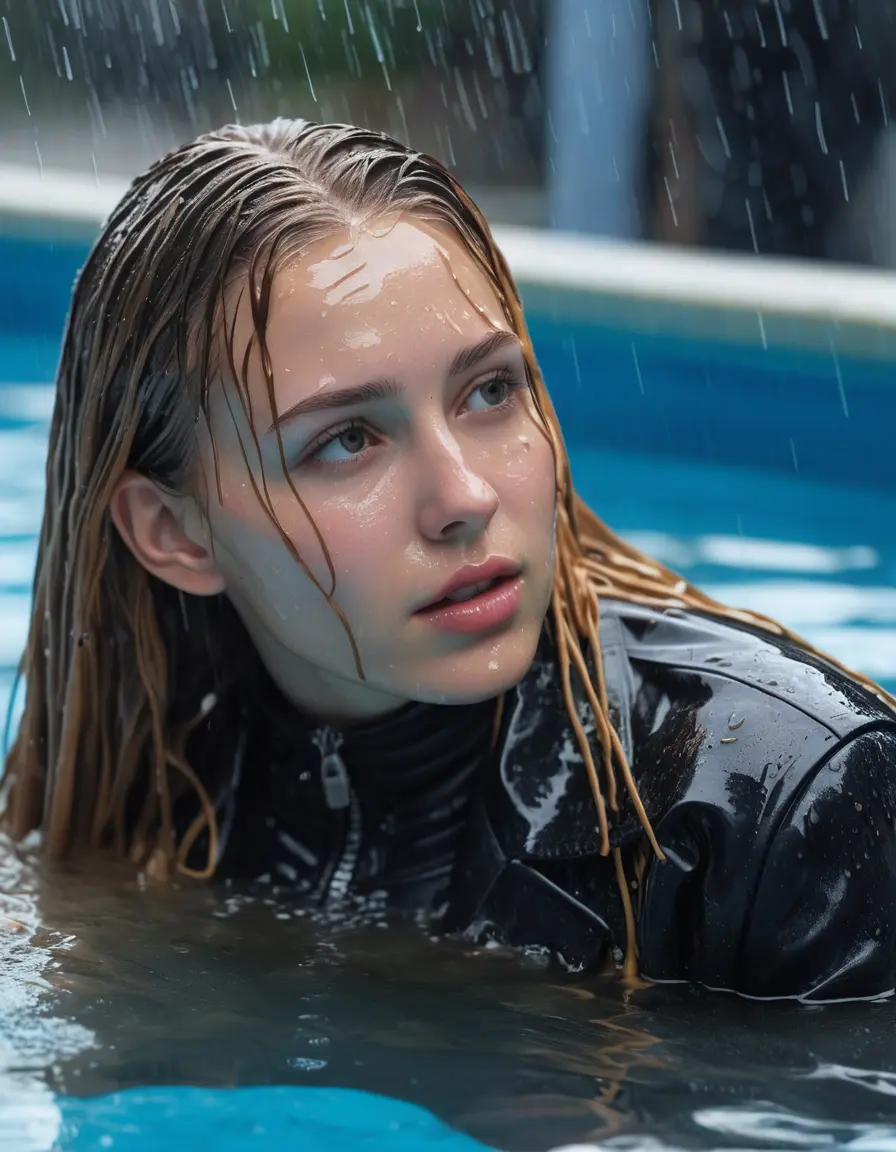 photo of young woman, in soaking wet, drenched clothes,
ankle boots , super skin tight denim jeans, slim fit black biker leatherjacket, tight striped knit turtleneck sweater, handbag , fifteen years old horny blonde teenage girl with girlfriend hold her hand over her mouth and nose lies completely submerged in pool partly underwater at party, completely wet from the rain, open mouth, big eyes, 
enjoying, wet clothes stuck to body,
detailed textures of the wet clothes, wet face, wet plastered hair,
wet, drenched, professional, high-quality details, full body view.
sharp focus, ultra-high pixel detail, realistic, high-quality, full colors, incredibly detailed, 4k, 8k, 16k, hyper-realistic, RAW photo, masterpiece, ultra-detailed, professionally color graded, professional photograph, fifteen years old, completely soaked, completely dripping wet, very wet clothes, sleek long straight hair, worried and embarrassed facial expression, slight yawn, all girls wear different styles of clothes, carrying a dripping wet smal handbag, a lot of people stands in the background, close-up, view from above, highly realistic representation, ultra sharp focus, highly photorealistic detailed facial features and expressions, highly photorealistic hands, highly best quality, highly sharp photorealistic image, highly photorealistic details, highest photorealistic wet clothes, full UHD resolution, highest photorealistic sharpness of the image, 32 K