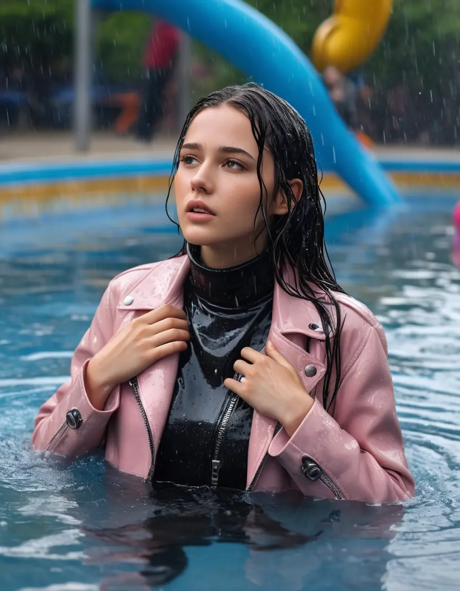 photo of young woman, in soaking wet, drenched clothes,
ankle boots , super skin tight denim jeans, slim fit black biker leatherjacket, tight light pink knit turtleneck sweater, handbag , fifteen years old horny brunette teenage girl with girlfriend hold her hand over her mouth and nose lies completely submerged in pool partly underwater up to the neck at party in a crowded waterpark, completely wet from the rain, open mouth, big eyes, 
enjoying, wet clothes stuck to body,
detailed textures of the wet clothes, wet face, wet plastered hair,
wet, drenched, professional, high-quality details, full body view.
sharp focus, ultra-high pixel detail, realistic, high-quality, full colors, incredibly detailed, 4k, 8k, 16k, hyper-realistic, RAW photo, masterpiece, ultra-detailed, professionally color graded, professional photograph, fifteen years old, completely soaked, completely dripping wet, very wet clothes, sleek long straight hair, worried and embarrassed facial expression, slight yawn, all girls wear different styles of clothes, carrying a dripping wet smal handbag, a lot of people stands in the background, close-up, view from above, highly realistic representation, ultra sharp focus, highly photorealistic detailed facial features and expressions, highly photorealistic hands, highly best quality, highly sharp photorealistic image, highly photorealistic details, highest photorealistic wet clothes, full UHD resolution, highest photorealistic sharpness of the image, 32 K