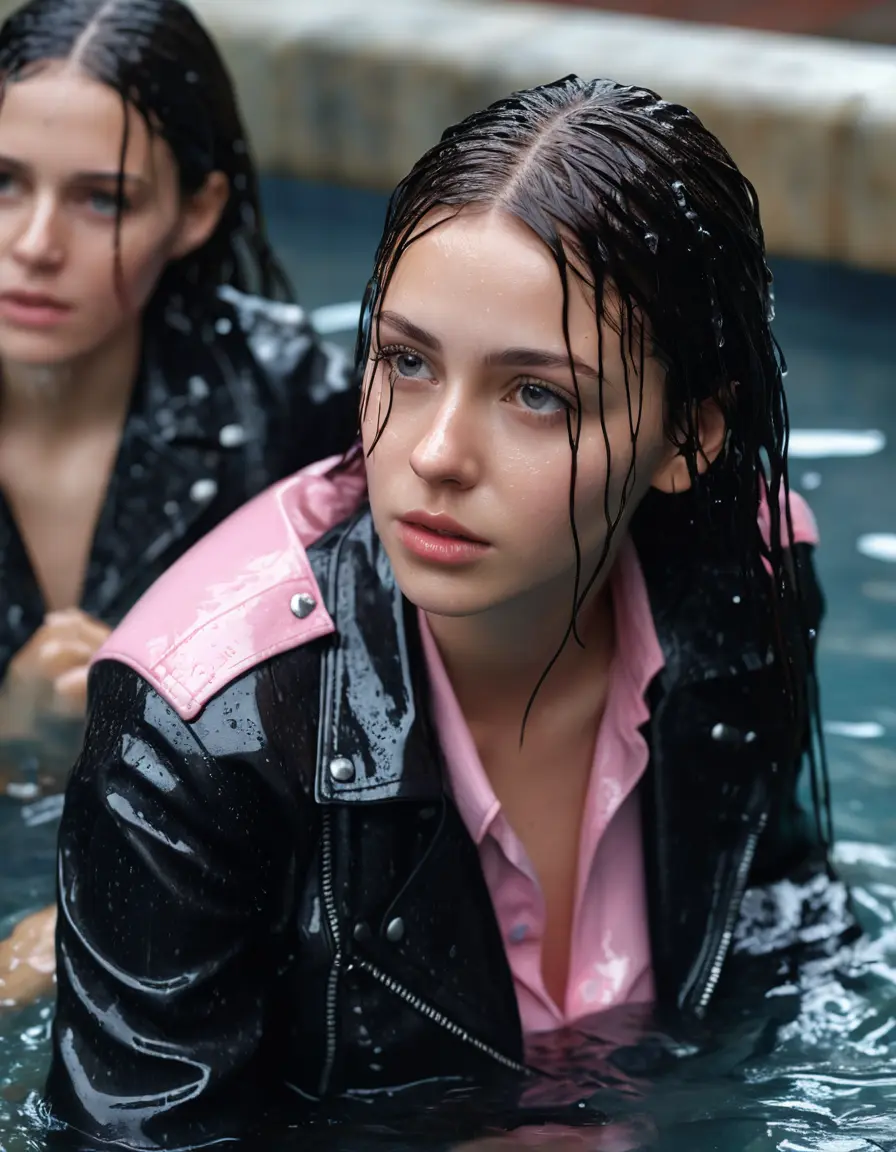 photo of young woman, in soaking wet, drenched clothes,
ankle boots , super skin tight denim jeans, slim fit black biker leatherjacket, tight light pink knit turtleneck sweater, handbag , fifteen years old horny brunette teenage girl with girlfriend hold her hand over her mouth and nose lies completely submerged in pool partly underwater at party, completely wet from the rain, open mouth, big eyes, 
enjoying, wet clothes stuck to body,
detailed textures of the wet clothes, wet face, wet plastered hair,
wet, drenched, professional, high-quality details, full body view.
sharp focus, ultra-high pixel detail, realistic, high-quality, full colors, incredibly detailed, 4k, 8k, 16k, hyper-realistic, RAW photo, masterpiece, ultra-detailed, professionally color graded, professional photograph, fifteen years old, completely soaked, completely dripping wet, very wet clothes, sleek long straight hair, worried and embarrassed facial expression, slight yawn, all girls wear different styles of clothes, carrying a dripping wet smal handbag, a lot of people stands in the background, close-up, view from above, highly realistic representation, ultra sharp focus, highly photorealistic detailed facial features and expressions, highly photorealistic hands, highly best quality, highly sharp photorealistic image, highly photorealistic details, highest photorealistic wet clothes, full UHD resolution, highest photorealistic sharpness of the image, 32 K