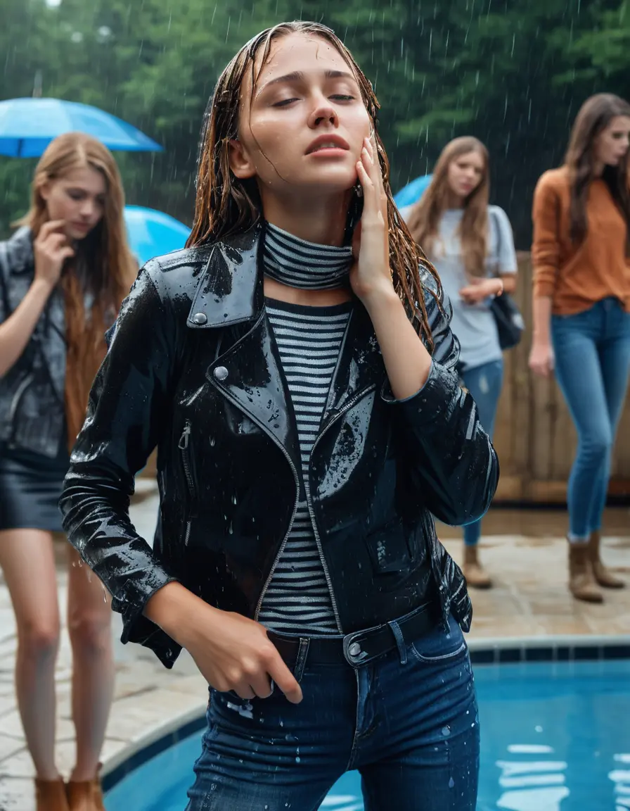 photo of young woman, in soaking wet, drenched clothes,
ankle boots , super skin tight denim jeans, slim fit black biker leatherjacket, tight striped knit turtleneck sweater, handbag , fifteen years old horny blonde teenage girl with girlfriend hold her hand over her mouth and nose lies completely submerged in pool partly underwater up to the neck at party in a crowded waterpark, completely wet from the rain, open mouth, big eyes, 
enjoying, wet clothes stuck to body,
detailed textures of the wet clothes, wet face, wet plastered hair,
wet, drenched, professional, high-quality details, full body view.
sharp focus, ultra-high pixel detail, realistic, high-quality, full colors, incredibly detailed, 4k, 8k, 16k, hyper-realistic, RAW photo, masterpiece, ultra-detailed, professionally color graded, professional photograph, fifteen years old, completely soaked, completely dripping wet, very wet clothes, sleek long straight hair, frustrated worried and embarrassed facial expression, slight yawn, all girls wear different styles of clothes, carrying a dripping wet smal handbag, a lot of people stands in the background, close-up, view from above, highly realistic representation, ultra sharp focus, highly photorealistic detailed facial features and expressions, highly photorealistic hands, highly best quality, highly sharp photorealistic image, highly photorealistic details, highest photorealistic wet clothes, full UHD resolution, highest photorealistic sharpness of the image, 32 K