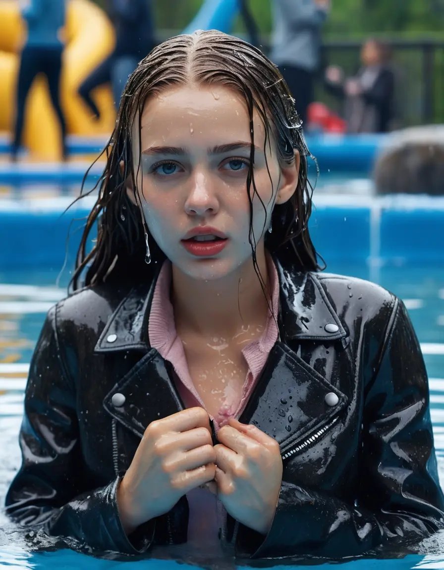photo of young woman, in soaking wet, drenched clothes,
ankle boots , super skin tight denim jeans, slim fit black biker leatherjacket, tight light pink knit turtleneck sweater, handbag , fifteen years old horny brown teenage girl with girlfriend hold her hand over her mouth and nose lies completely submerged in pool partly underwater up to the neck at party in a crowded waterpark, completely wet from the rain, open mouth, big eyes, 
enjoying, wet clothes stuck to body,
detailed textures of the wet clothes, wet face, wet plastered hair,
wet, drenched, professional, high-quality details, full body view.
sharp focus, ultra-high pixel detail, realistic, high-quality, full colors, incredibly detailed, 4k, 8k, 16k, hyper-realistic, RAW photo, masterpiece, ultra-detailed, professionally color graded, professional photograph, fifteen years old, completely soaked, completely dripping wet, very wet clothes, sleek long straight hair, worried and embarrassed facial expression, slight yawn, all girls wear different styles of clothes, carrying a dripping wet smal handbag, a lot of people stands in the background, close-up, view from above, highly realistic representation, ultra sharp focus, highly photorealistic detailed facial features and expressions, highly photorealistic hands, highly best quality, highly sharp photorealistic image, highly photorealistic details, highest photorealistic wet clothes, full UHD resolution, highest photorealistic sharpness of the image, 32 K