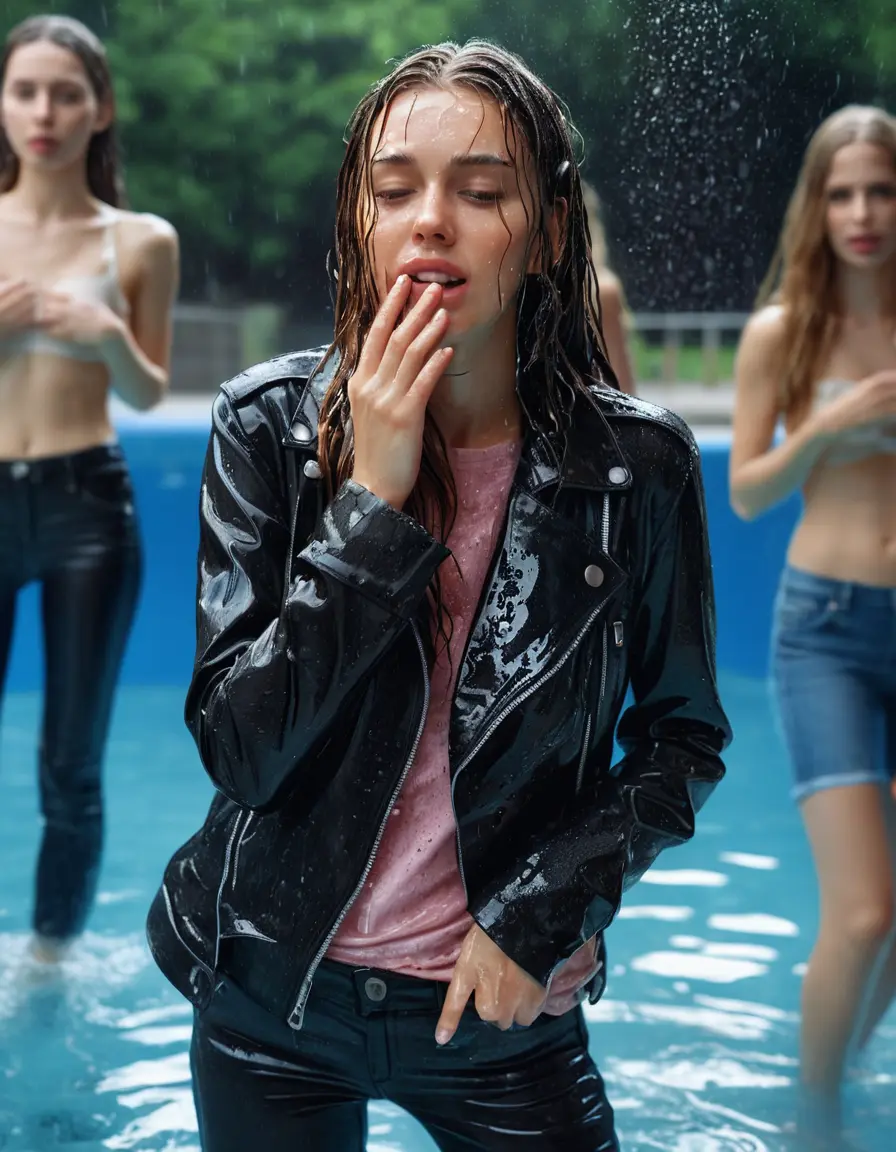 photo of young woman, in soaking wet, drenched clothes,
ankle boots , super skin tight denim jeans, slim fit black biker leatherjacket, tight light pink knit turtleneck sweater, handbag , fifteen years old horny brunette teenage girl with girlfriend hold her hand over her mouth and nose lies completely submerged in pool partly underwater up to the neck at party in a crowded waterpark, completely wet from the rain, open mouth, big eyes, 
enjoying, wet clothes stuck to body,
detailed textures of the wet clothes, wet face, wet plastered hair,
wet, drenched, professional, high-quality details, full body view.
sharp focus, ultra-high pixel detail, realistic, high-quality, full colors, incredibly detailed, 4k, 8k, 16k, hyper-realistic, RAW photo, masterpiece, ultra-detailed, professionally color graded, professional photograph, fifteen years old, completely soaked, completely dripping wet, very wet clothes, sleek long straight hair, worried and embarrassed facial expression, slight yawn, all girls wear different styles of clothes, carrying a dripping wet smal handbag, a lot of people stands in the background, close-up, view from above, highly realistic representation, ultra sharp focus, highly photorealistic detailed facial features and expressions, highly photorealistic hands, highly best quality, highly sharp photorealistic image, highly photorealistic details, highest photorealistic wet clothes, full UHD resolution, highest photorealistic sharpness of the image, 32 K