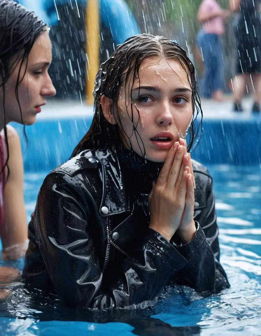 photo of young woman, in soaking wet, drenched clothes,
ankle boots , super skin tight denim jeans, slim fit black biker leatherjacket, tight light pink knit turtleneck sweater, handbag , fifteen years old horny brunette teenage girl with girlfriend hold her hand over her mouth and nose lies completely submerged in pool partly underwater up to the neck at party in a crowded waterpark, completely wet from the rain, open mouth, big eyes, 
enjoying, wet clothes stuck to body,
detailed textures of the wet clothes, wet face, wet plastered hair,
wet, drenched, professional, high-quality details, full body view.
sharp focus, ultra-high pixel detail, realistic, high-quality, full colors, incredibly detailed, 4k, 8k, 16k, hyper-realistic, RAW photo, masterpiece, ultra-detailed, professionally color graded, professional photograph, fifteen years old, completely soaked, completely dripping wet, very wet clothes, sleek long straight hair, worried and embarrassed facial expression, slight yawn, all girls wear different styles of clothes, carrying a dripping wet smal handbag, a lot of people stands in the background, close-up, view from above, highly realistic representation, ultra sharp focus, highly photorealistic detailed facial features and expressions, highly photorealistic hands, highly best quality, highly sharp photorealistic image, highly photorealistic details, highest photorealistic wet clothes, full UHD resolution, highest photorealistic sharpness of the image, 32 K